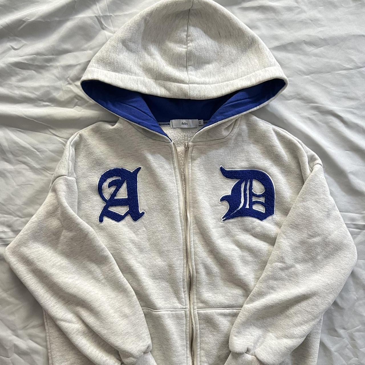 Adika AD Grey Zip Up Hoodie with Navy Patches Grey... - Depop