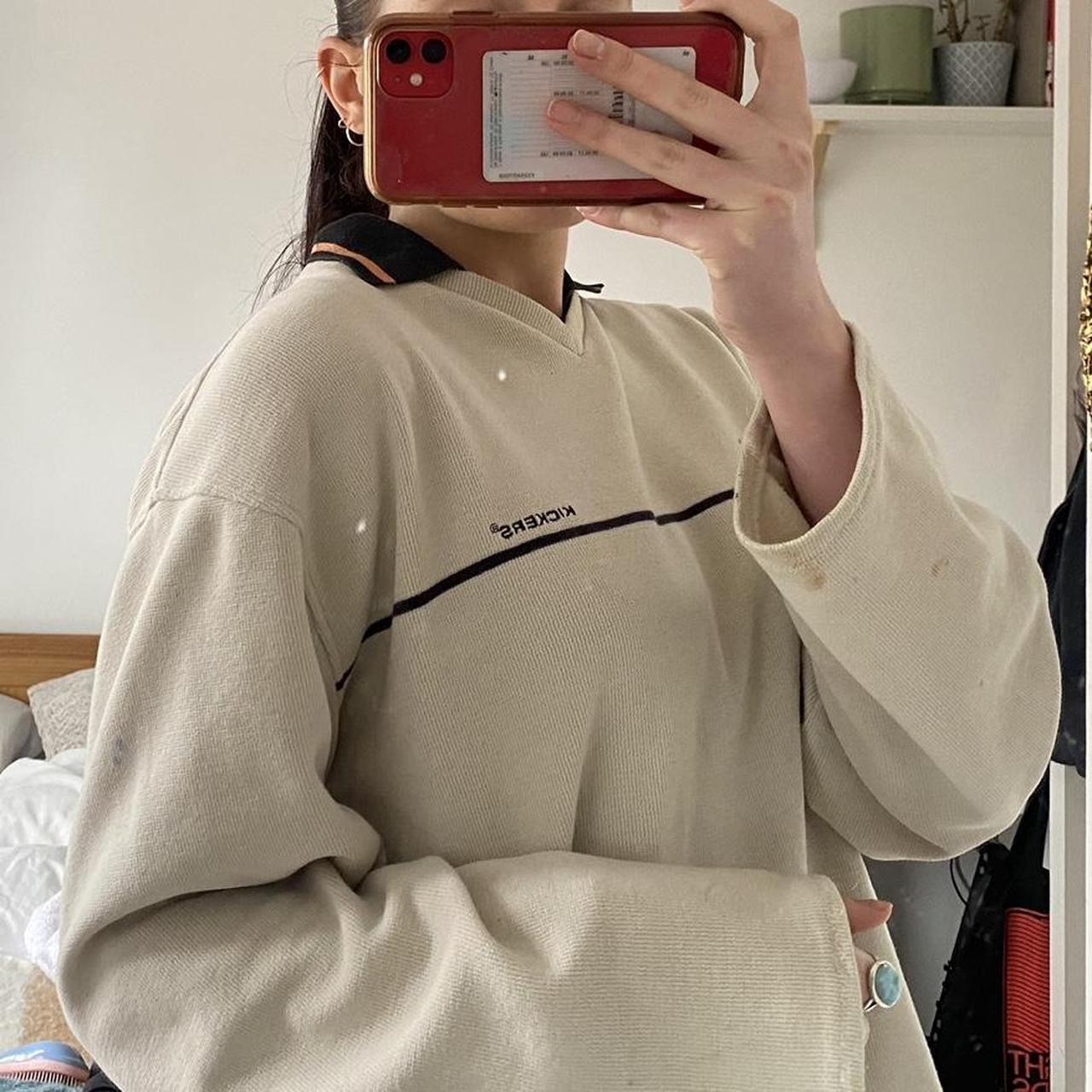 cream kickers vneck jumper with stripe detail... Depop