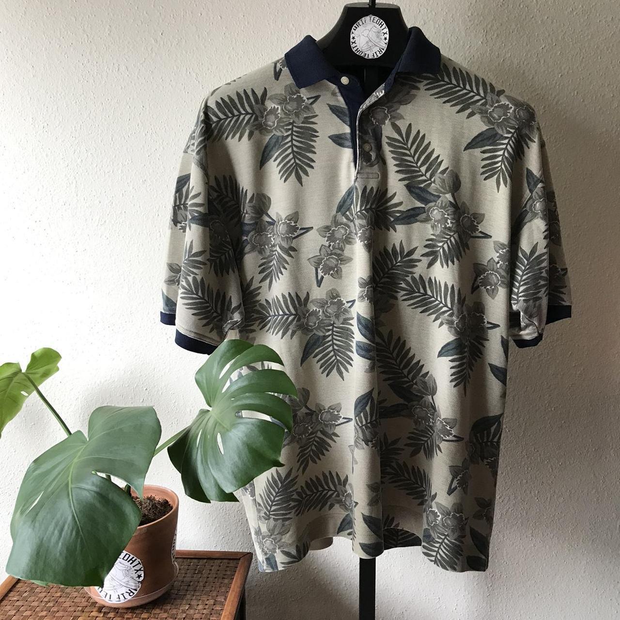 Vintage floral themed khaki colored polo shirt Size:... - Depop