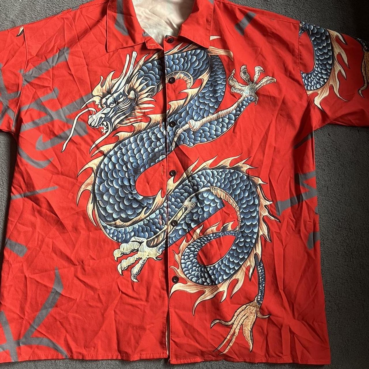 2002 Red Dragon shirt （USED）Lサイズ ビンテージ Vintage red dragon button up shirt size L Silky | Depop