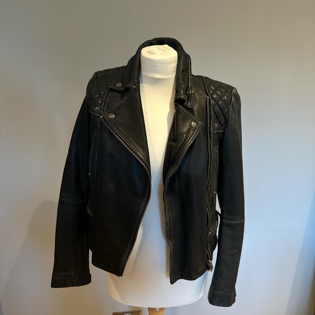 Women’s AllSaints leather jacket - black/grey -... - Depop