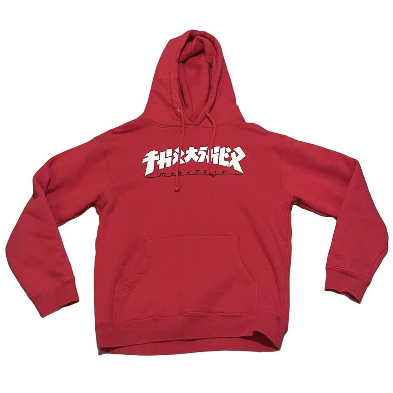 Red thrasher hoodie with blue letters Clearance