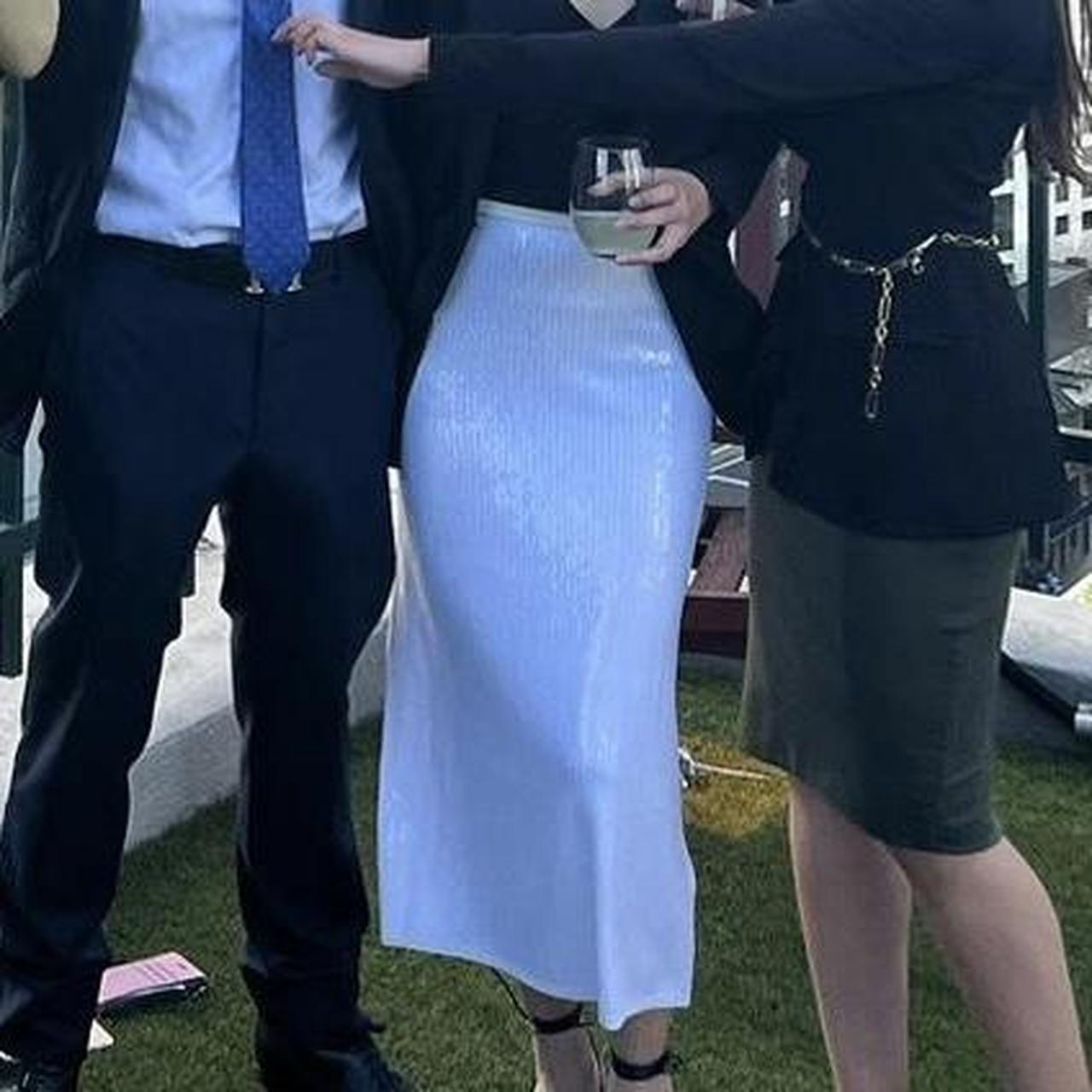 White sequin midi skirt from Zara. Loose fit and... Depop