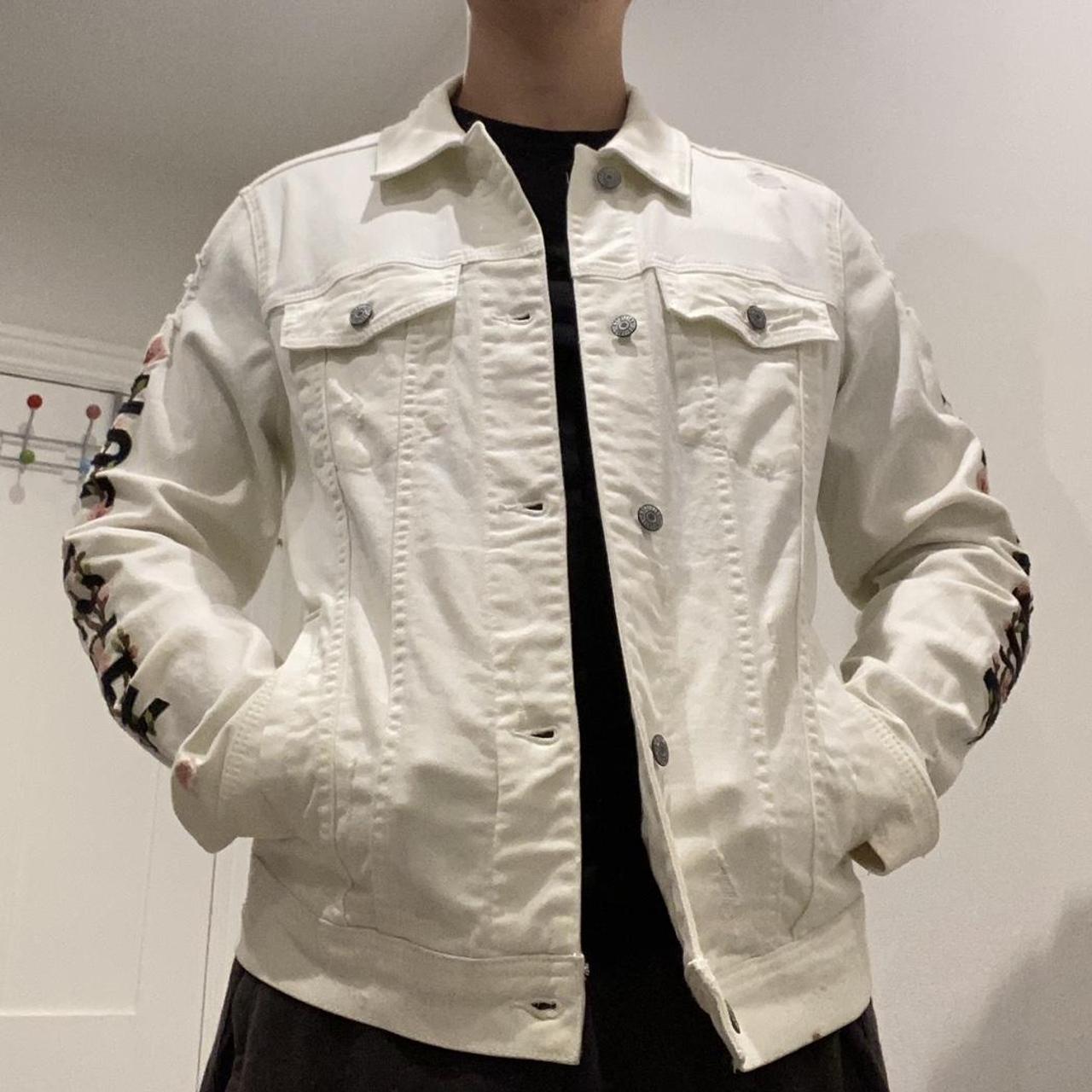 Hollister white denim jacket with flower pattern Depop