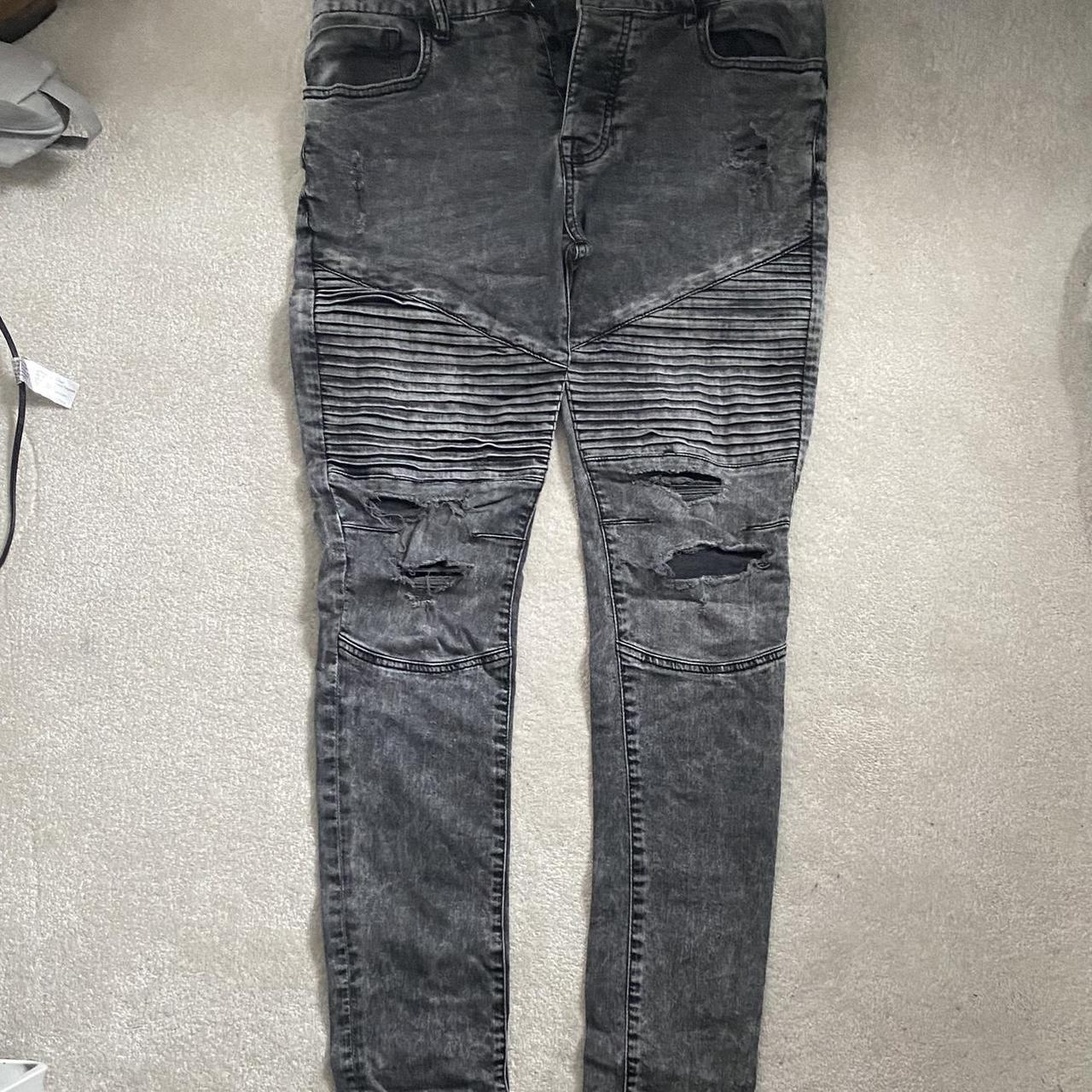 Grey Biker Ripped Jeans Mens Skinny Fit Biker Jeans, Ripped And