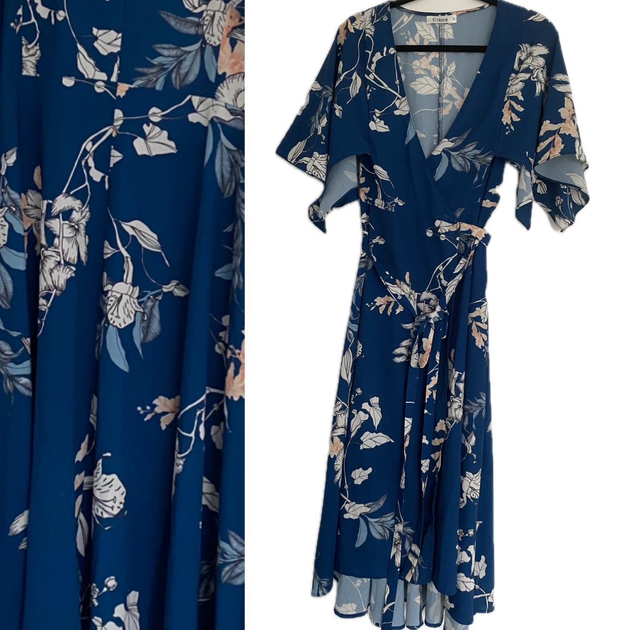 Navy floral wrap dress with a zipper on the side... - Depop