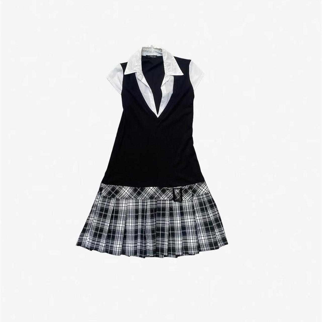 Black and white mini dress with attached pleated white mini skirt