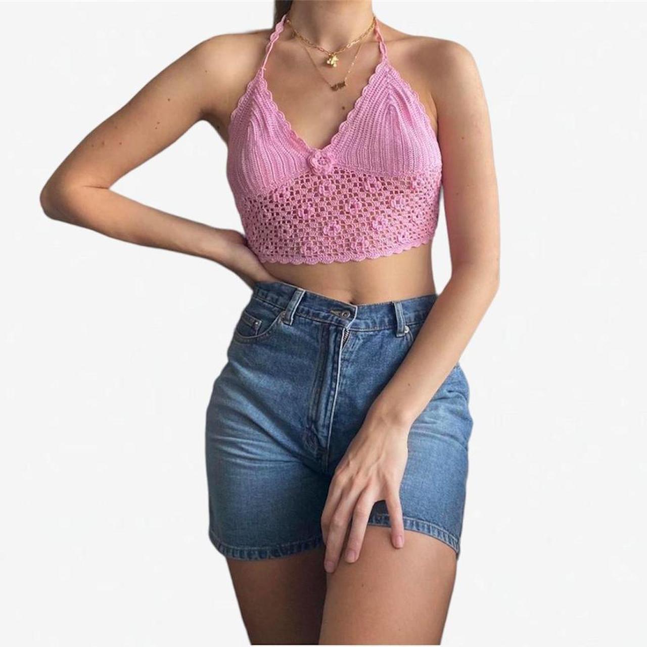 Jane Norman pink crochet halter neck crop