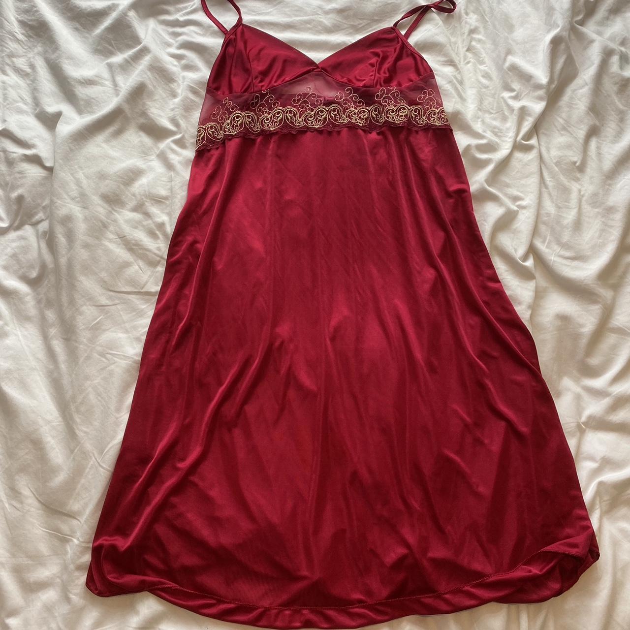 red slip dress with mesh and lace detail -size xl... - Depop