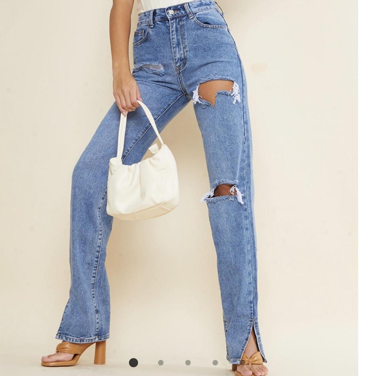 Blue ripped split hem jeans, Size 8,