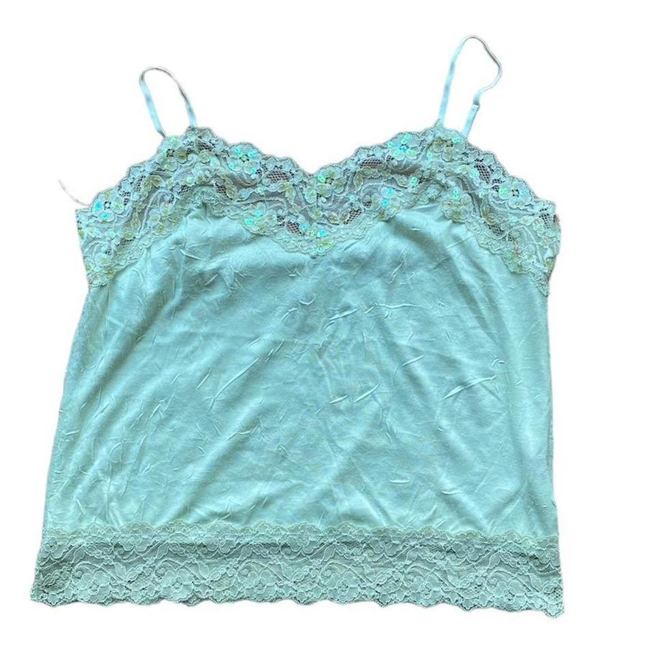 Y2K Lapis Green Cami Top with Lace Trim and Sequins... - Depop