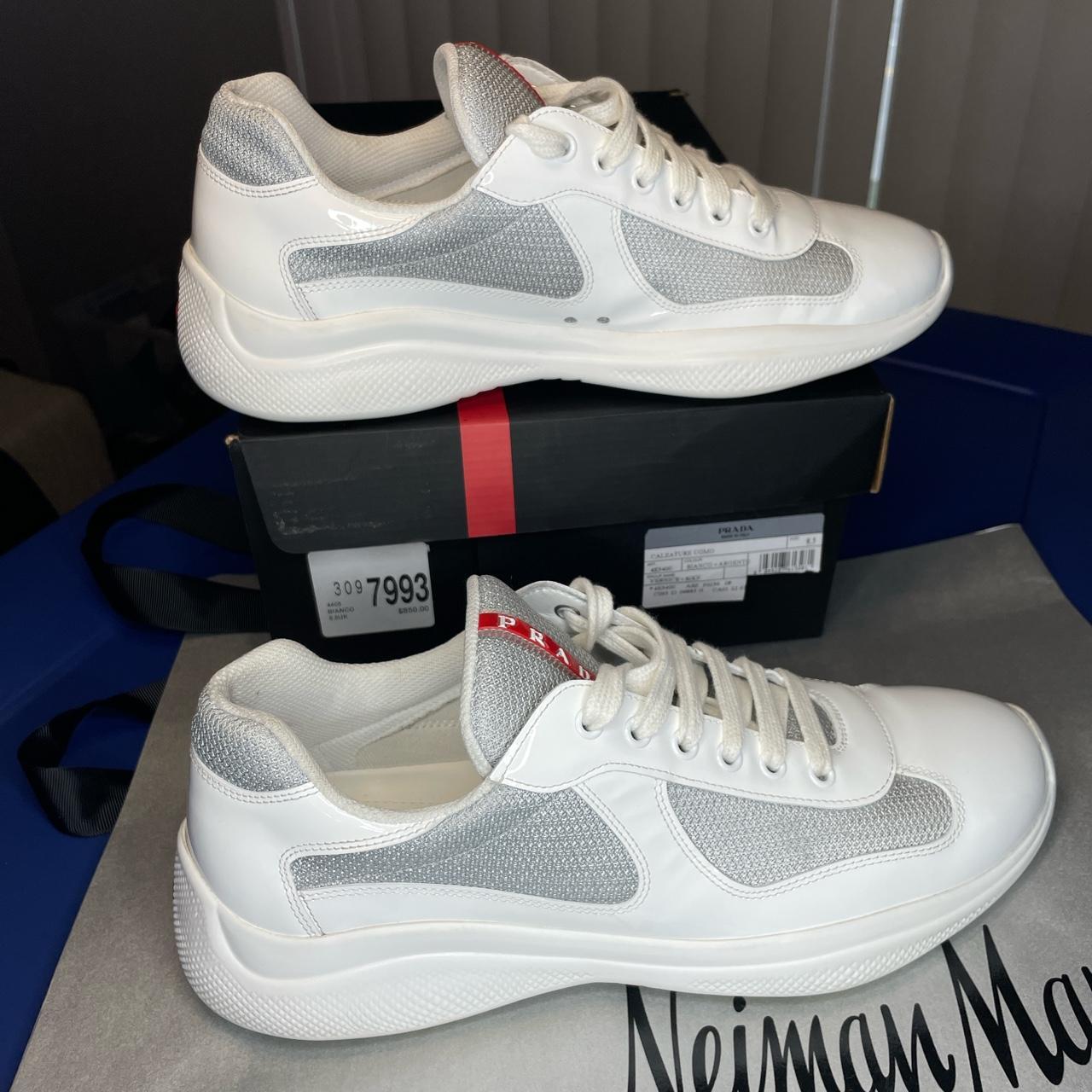 Prada Men's White and Silver Trainers | Depop