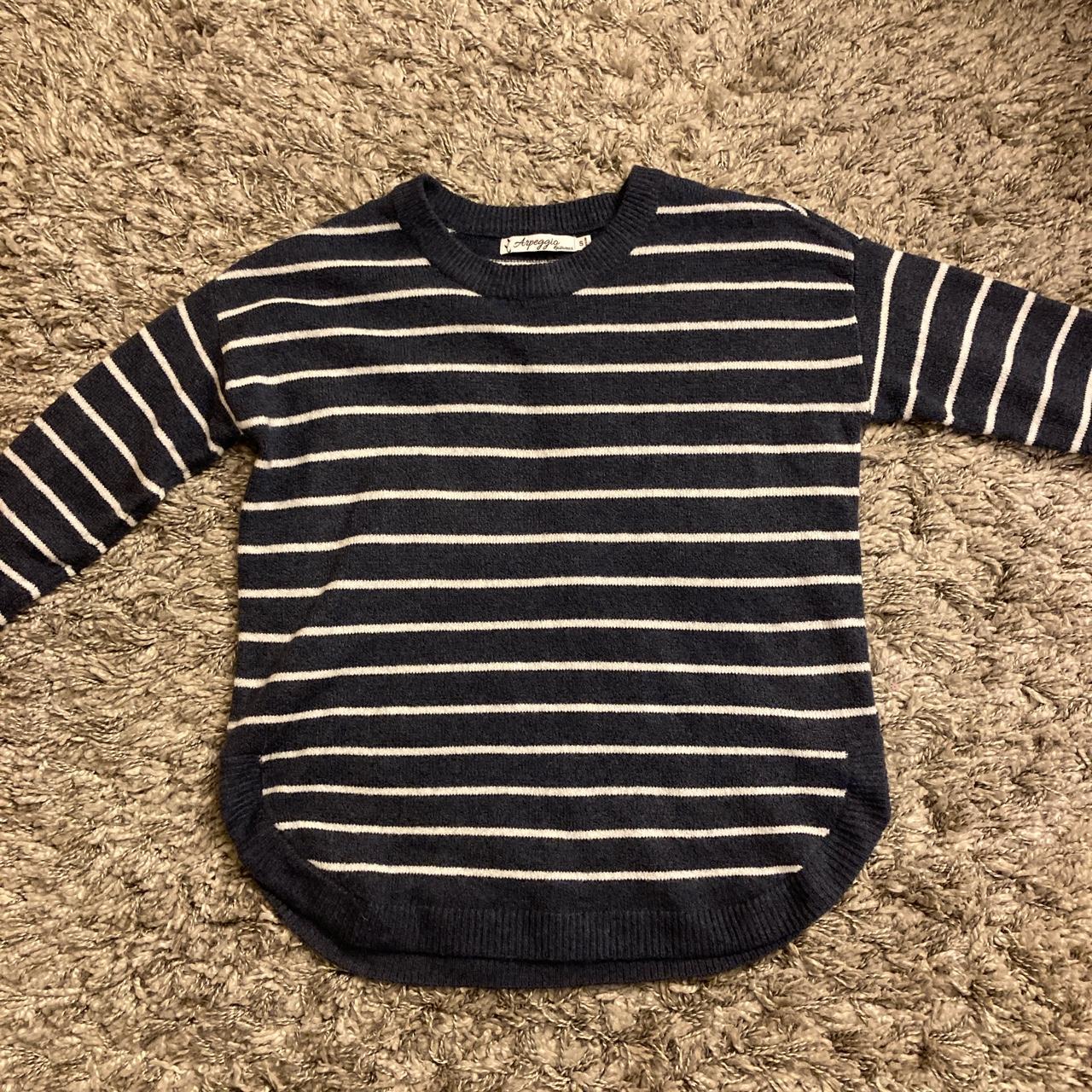 white sweater with blue stripes on sleeves great - Depop