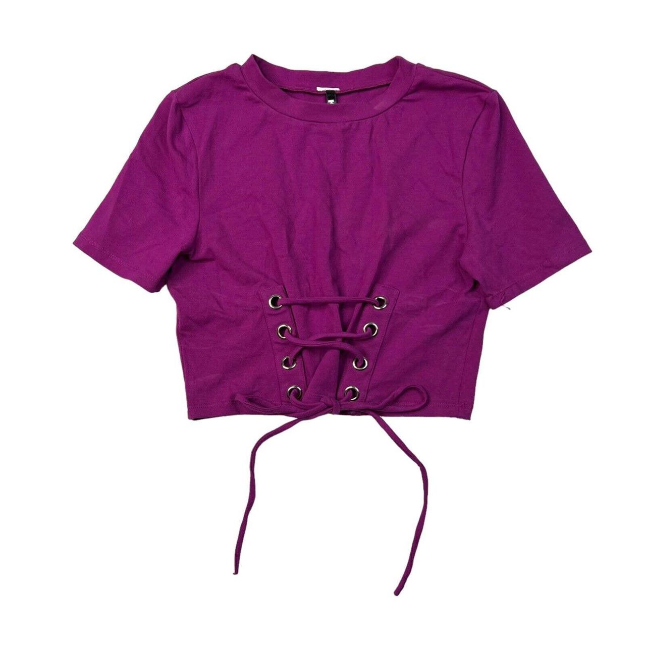 K Too Cropped Top Lace Up Short Sleeve Shirt Purple... - Depop