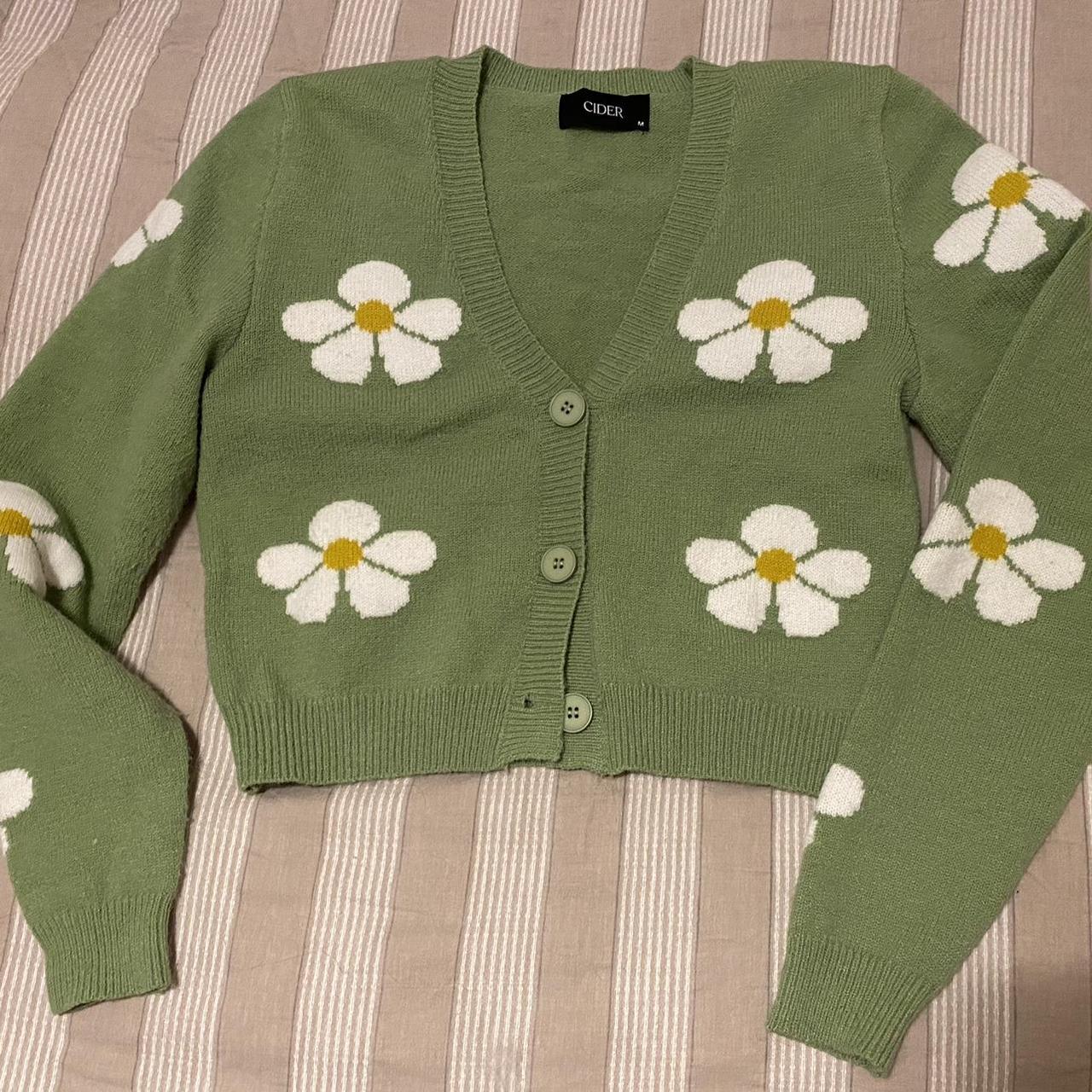 Cider Knitted Green Daisy Cardigan - Medium Similar... - Depop