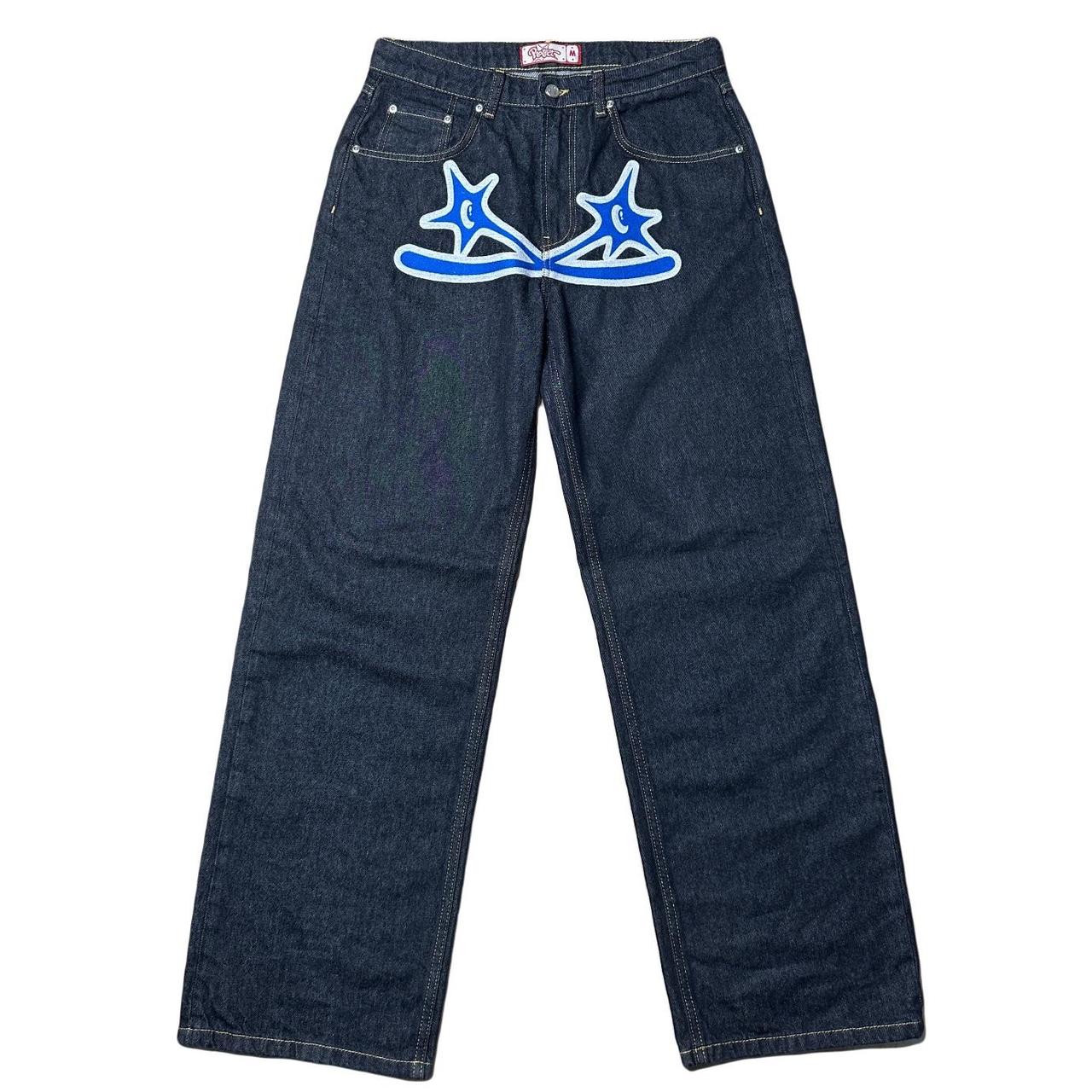 Protect Blue Spike Baggy Jeans Size: Medium... - Depop