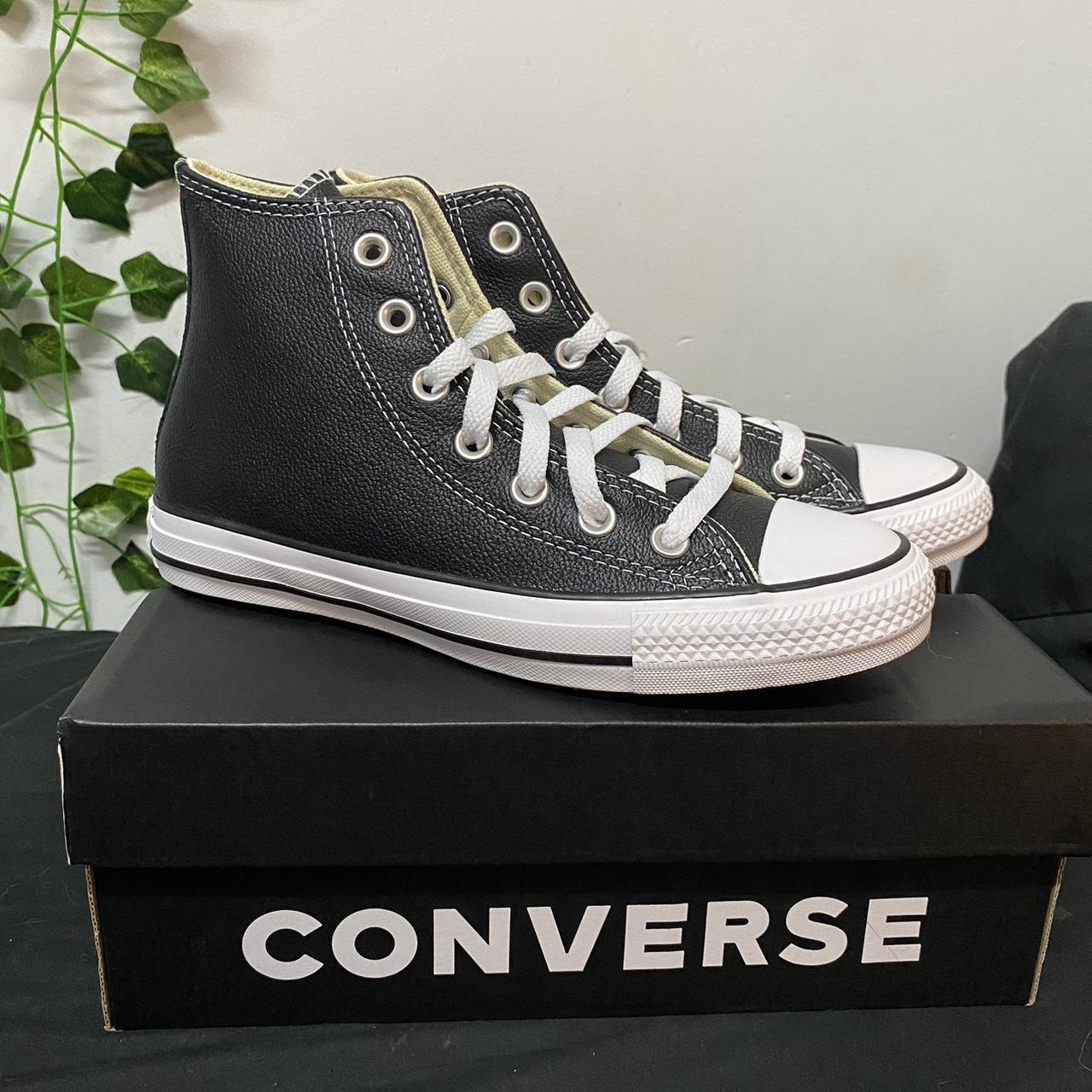 converse black leather hi tops new in box, never... - Depop