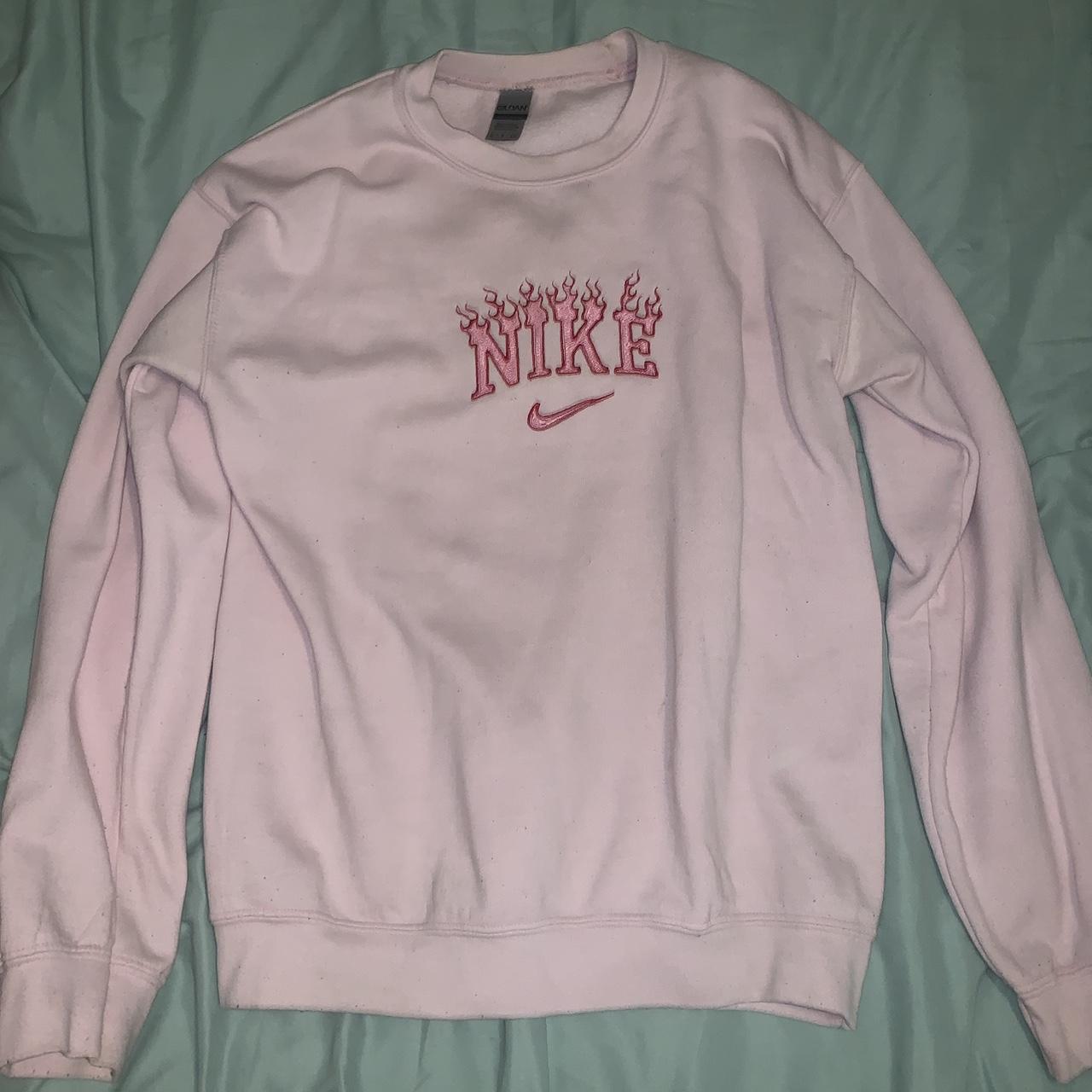 Pink Nike Flames Embroidered Sweatshirt in Small. Depop