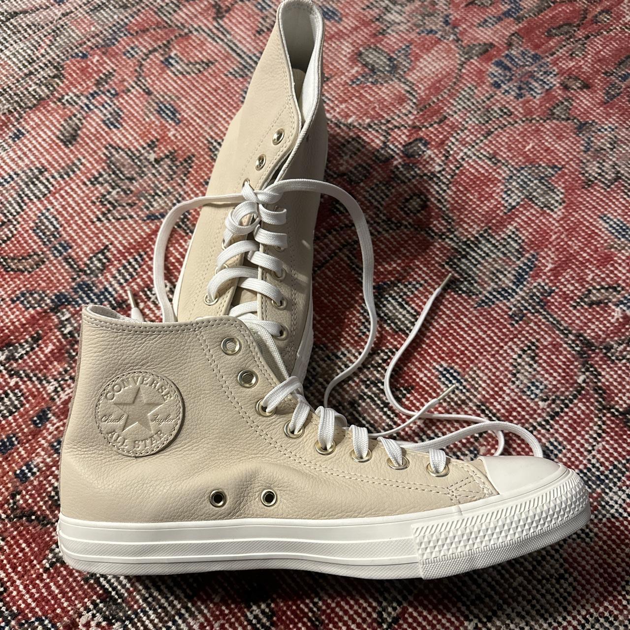 Converse Cream Leather Hi Tops with Gold... - Depop