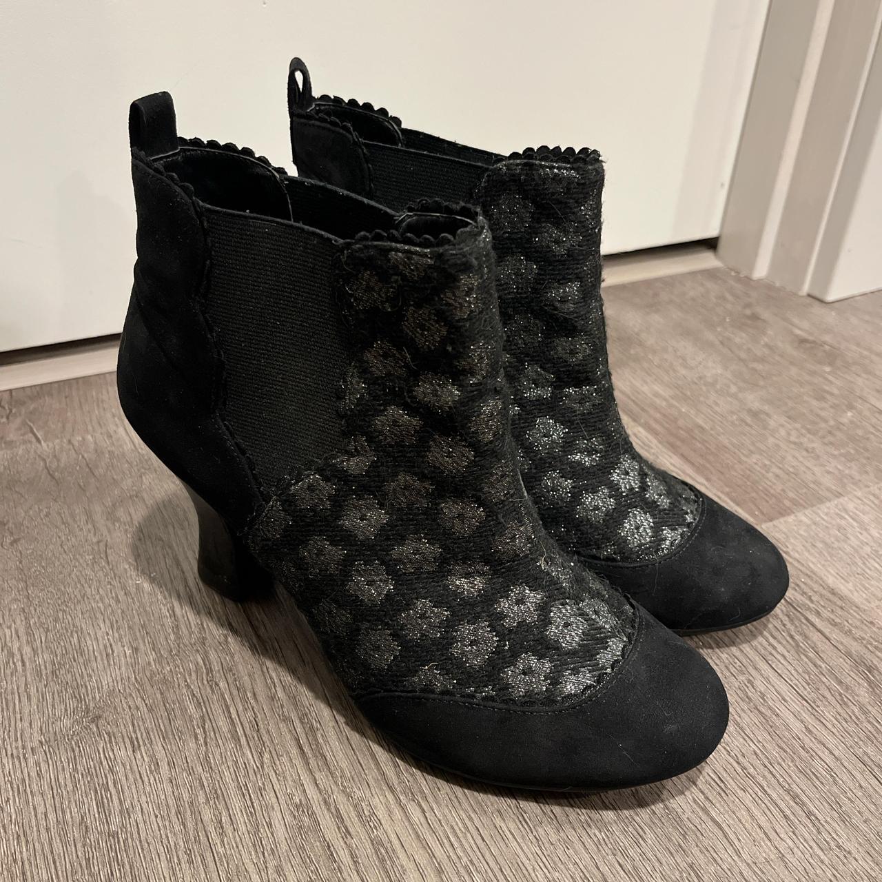 Edwardian style black boots with glittery floral. Depop