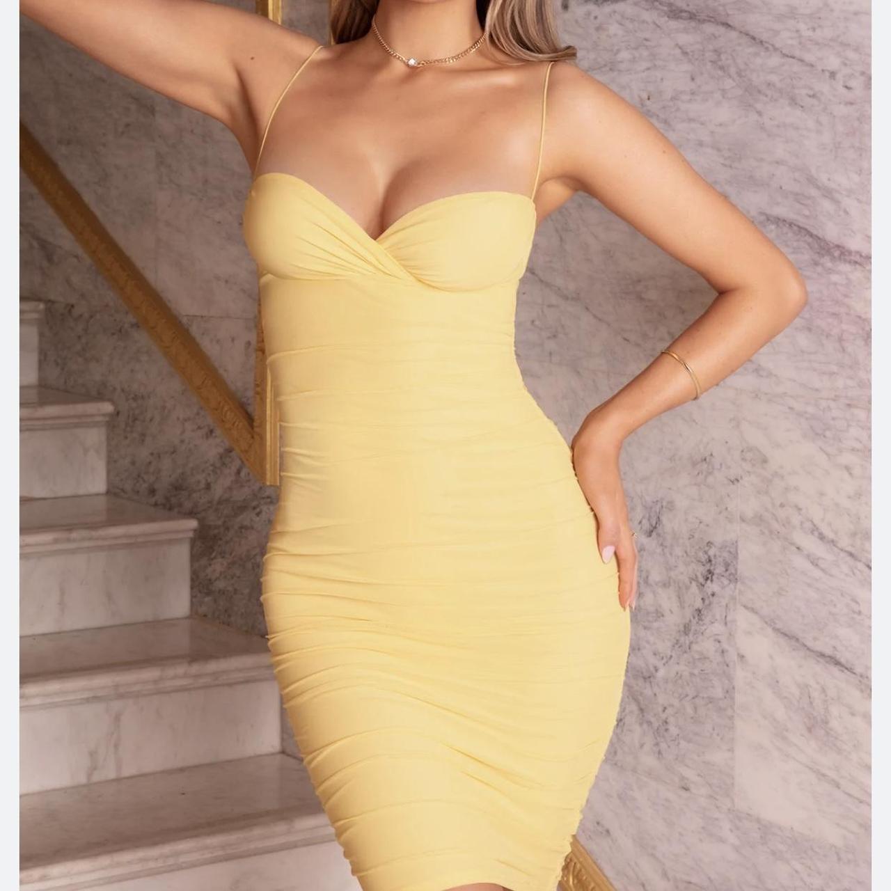 Oh Polly Yellow Bodycon Midi Dress Square Neck Midi Dress In - Main Image