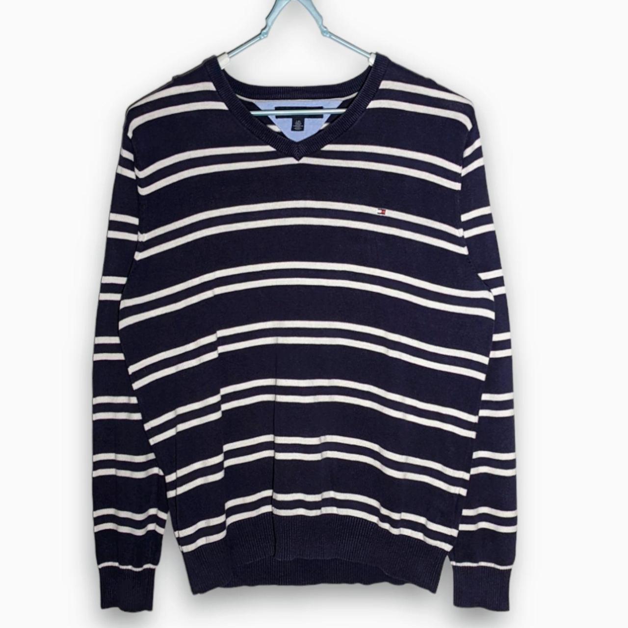 Tommy Hilfiger Men's Navy Blue and White Stripe V... - Depop