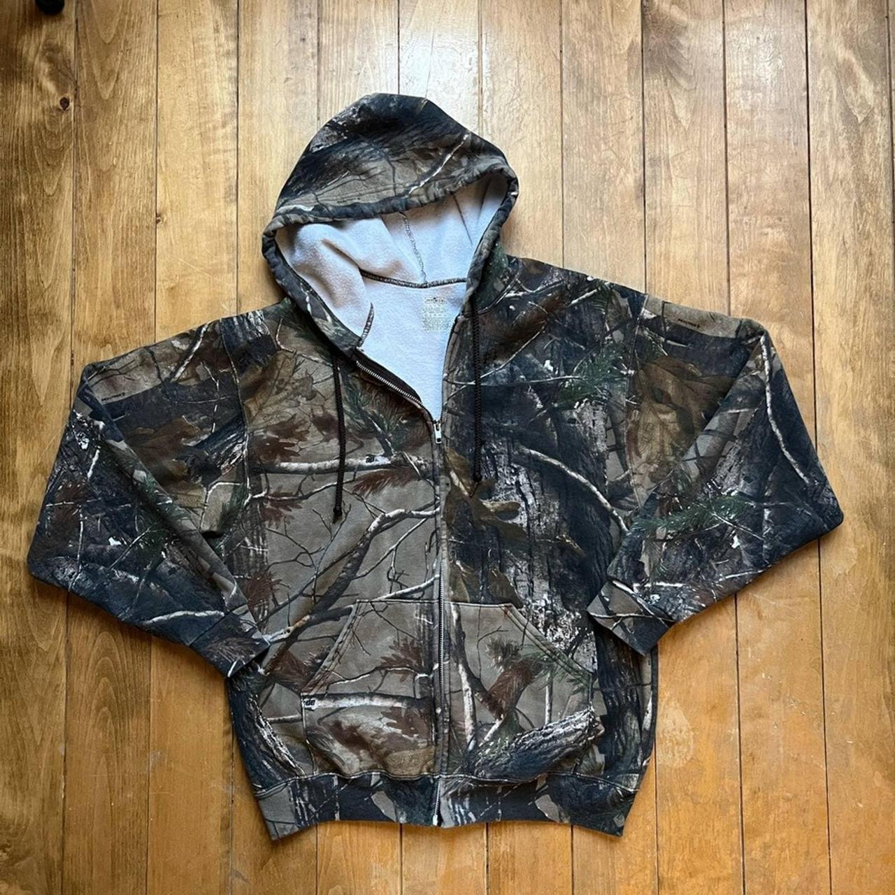 jerzees camo zip up hoodie large unisex in good used... - Depop