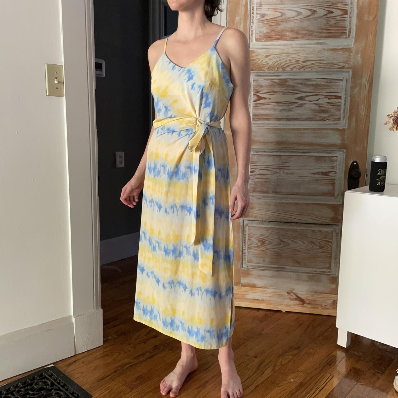 Yellow And Blue Tie Dye Effect Dress With Tie Depop