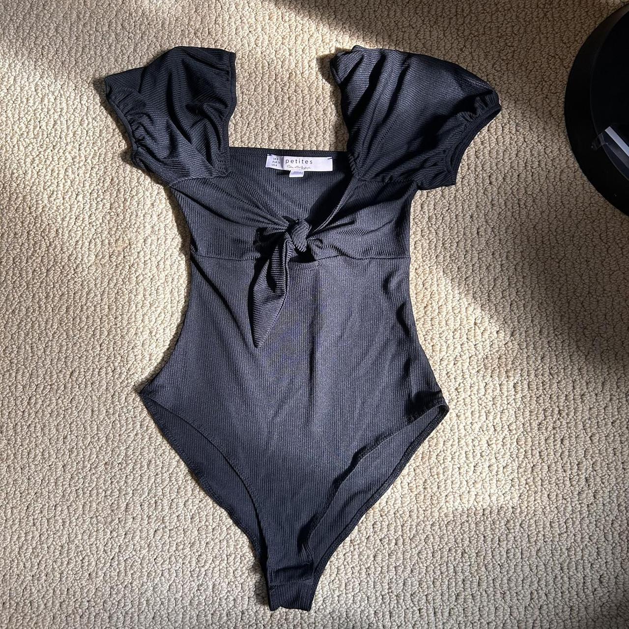 Puff sleeve ribbed black bodysuit w/ bow detail - Depop