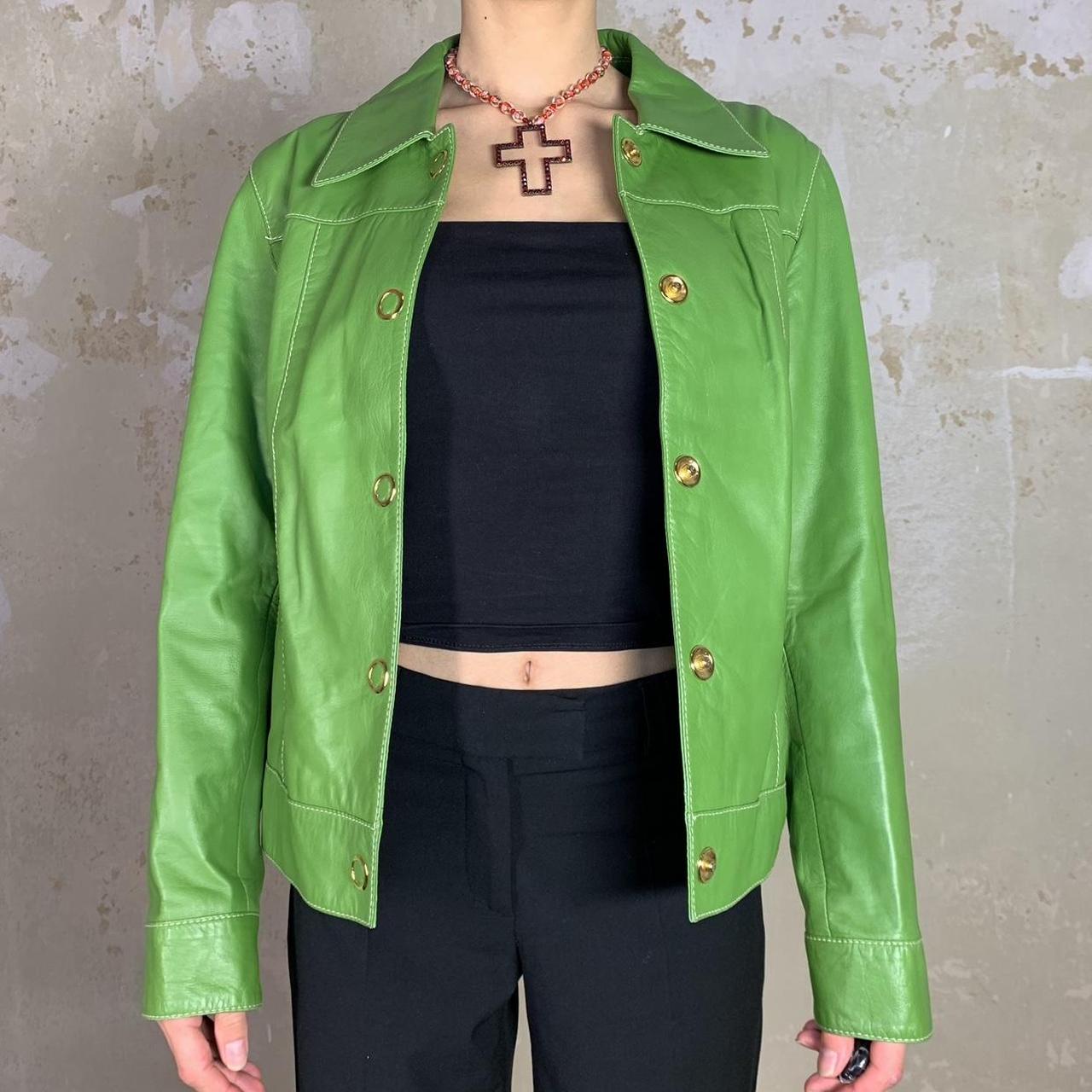 Green faux leather jacket with collar and golden... - Depop
