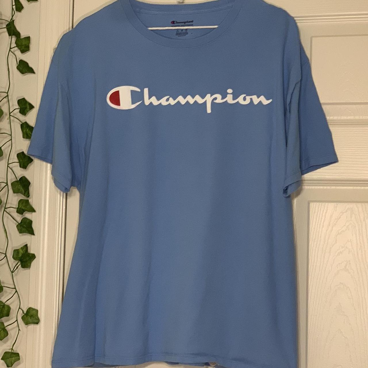 Champion Men's Blue and White T-shirt | Depop