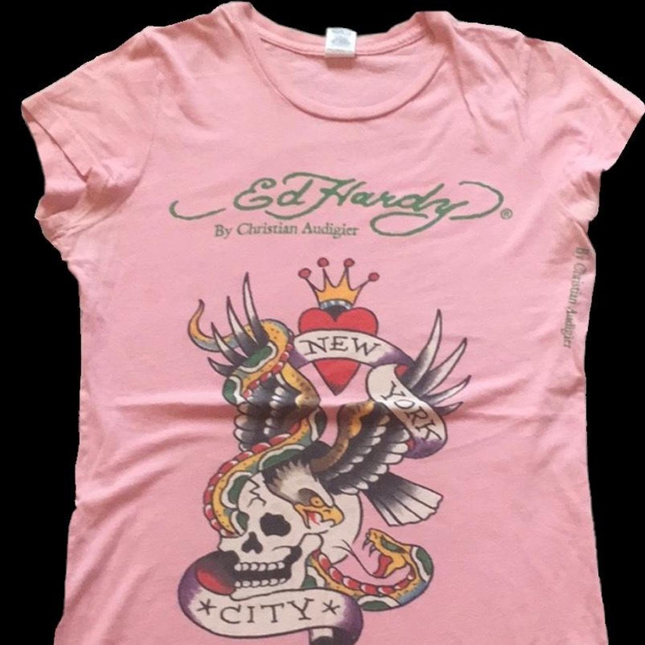 Pink Ed hardy tee Longer fit goes perf with low rise... - Depop