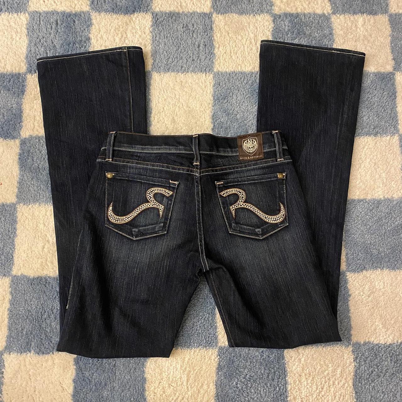 Rock and Republic Women's Navy and Brown Jeans | Depop