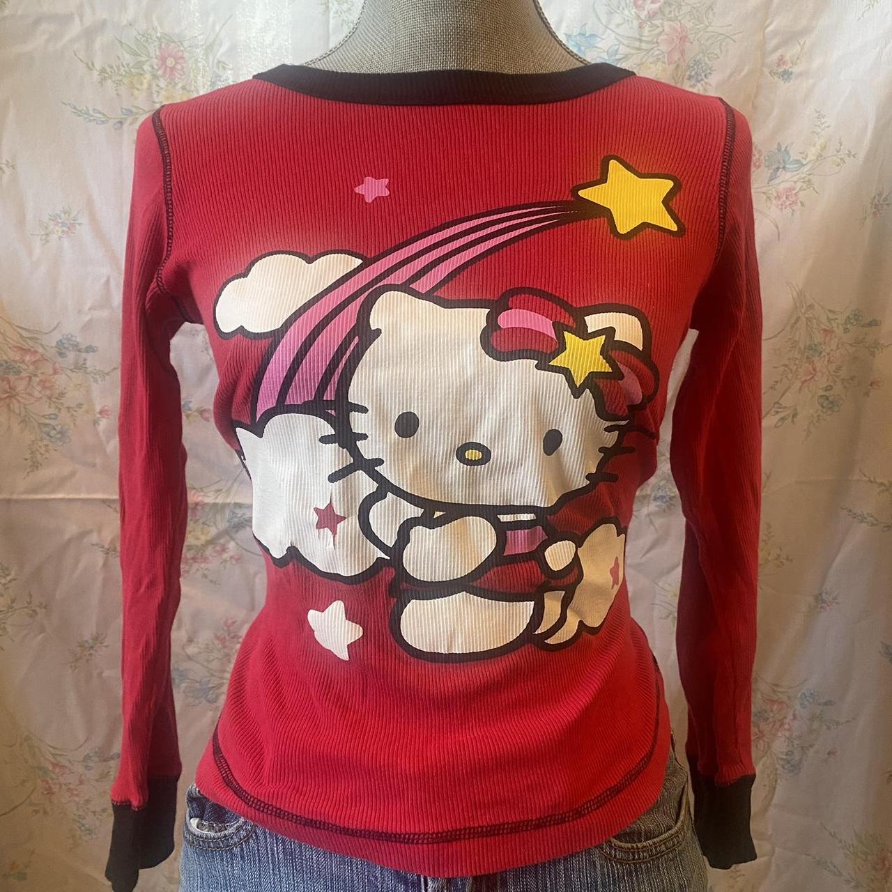 Adorable red y2k hello kitty ribbed tee with black... - Depop