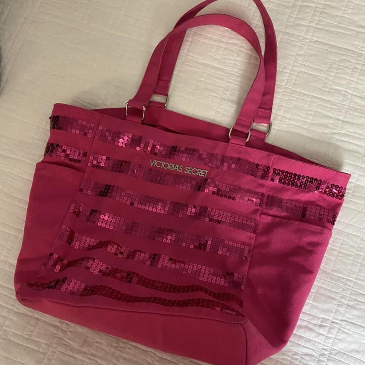 Victorias Secret Pink XL Iridescent Silver Canvas Shopper Tote Bag, 22 x 16 x 6