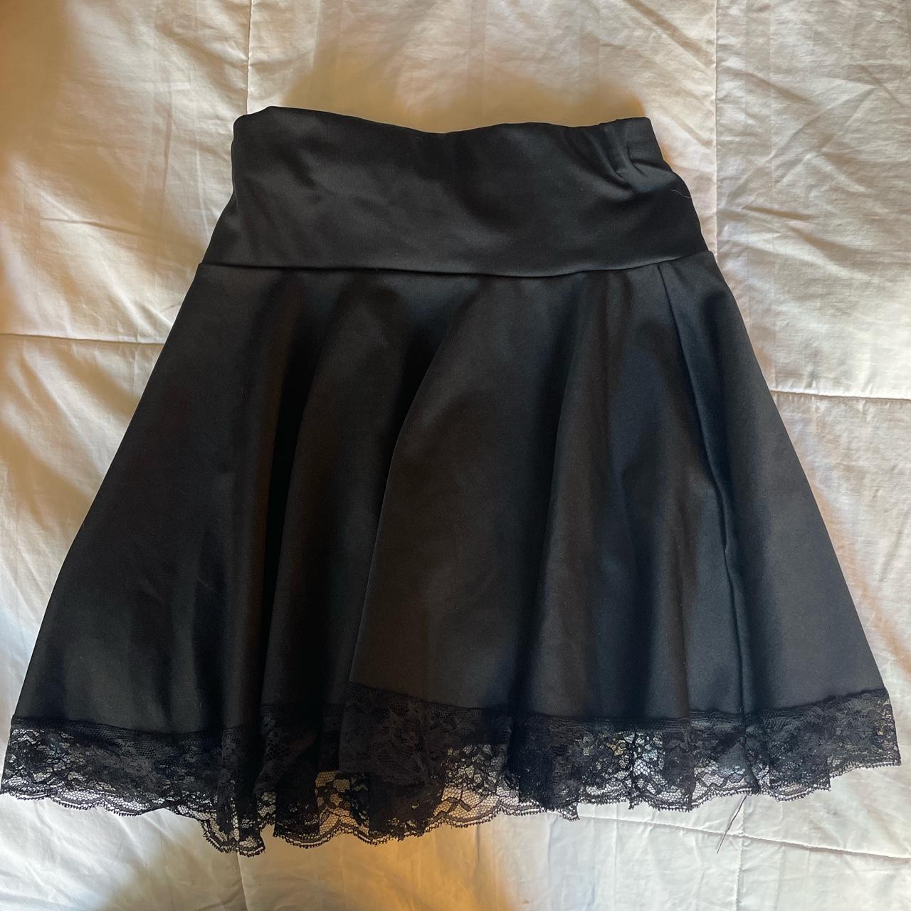 Black Flowy Mini skirt with lace trimming No brand... - Depop
