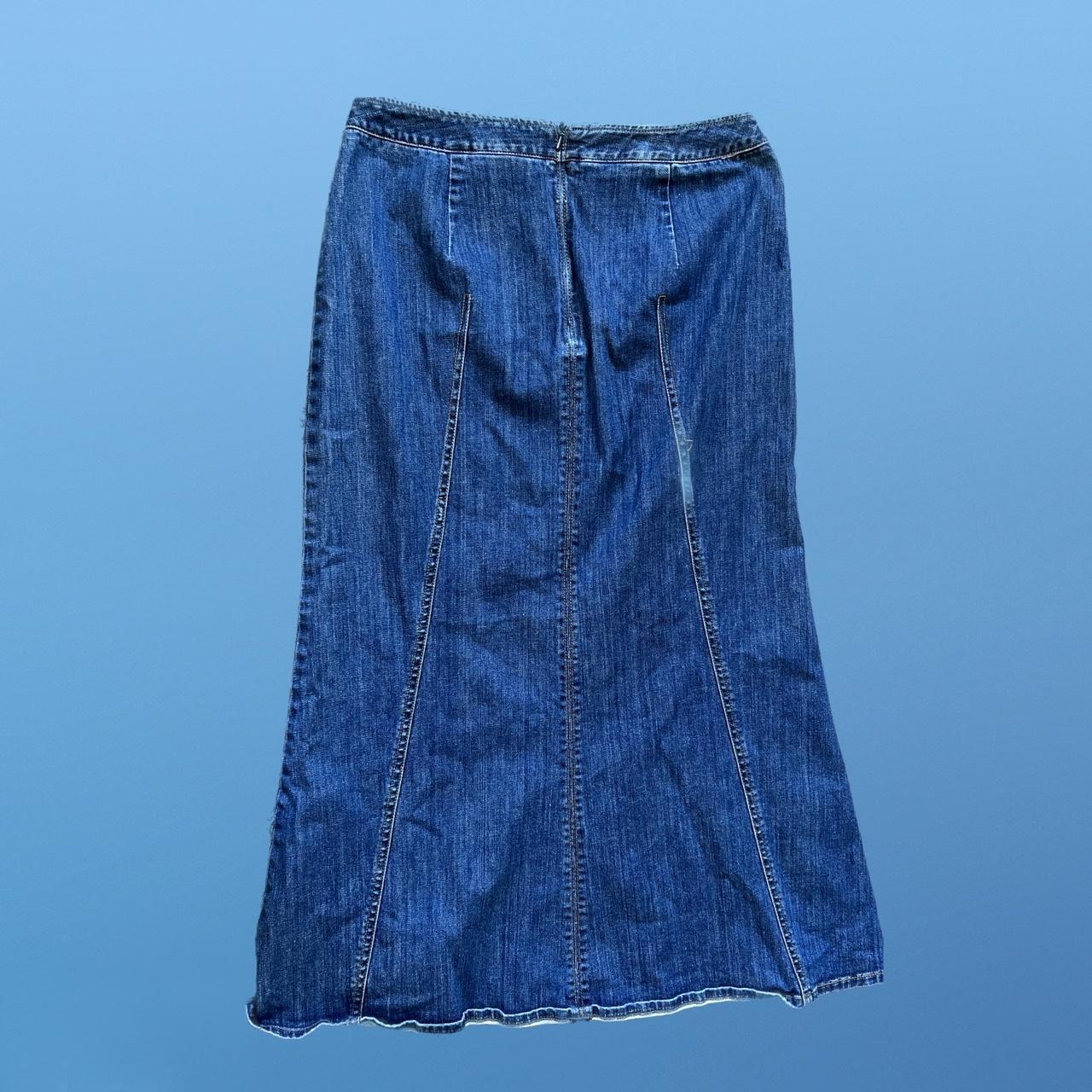 Medium wash denim midi skirt with cool seam details.... - Depop