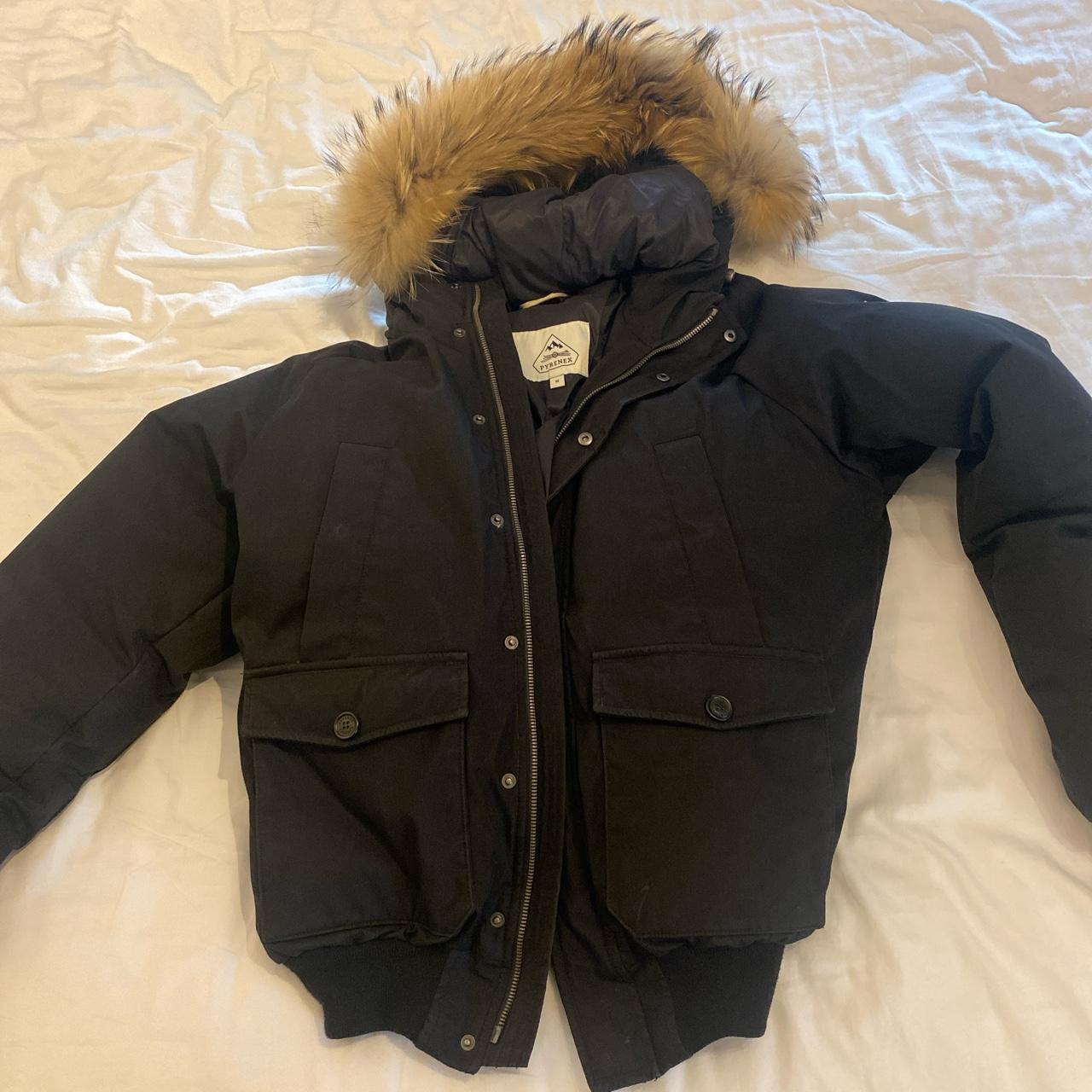 Medium men's black bomber jacket with fur hood Depop