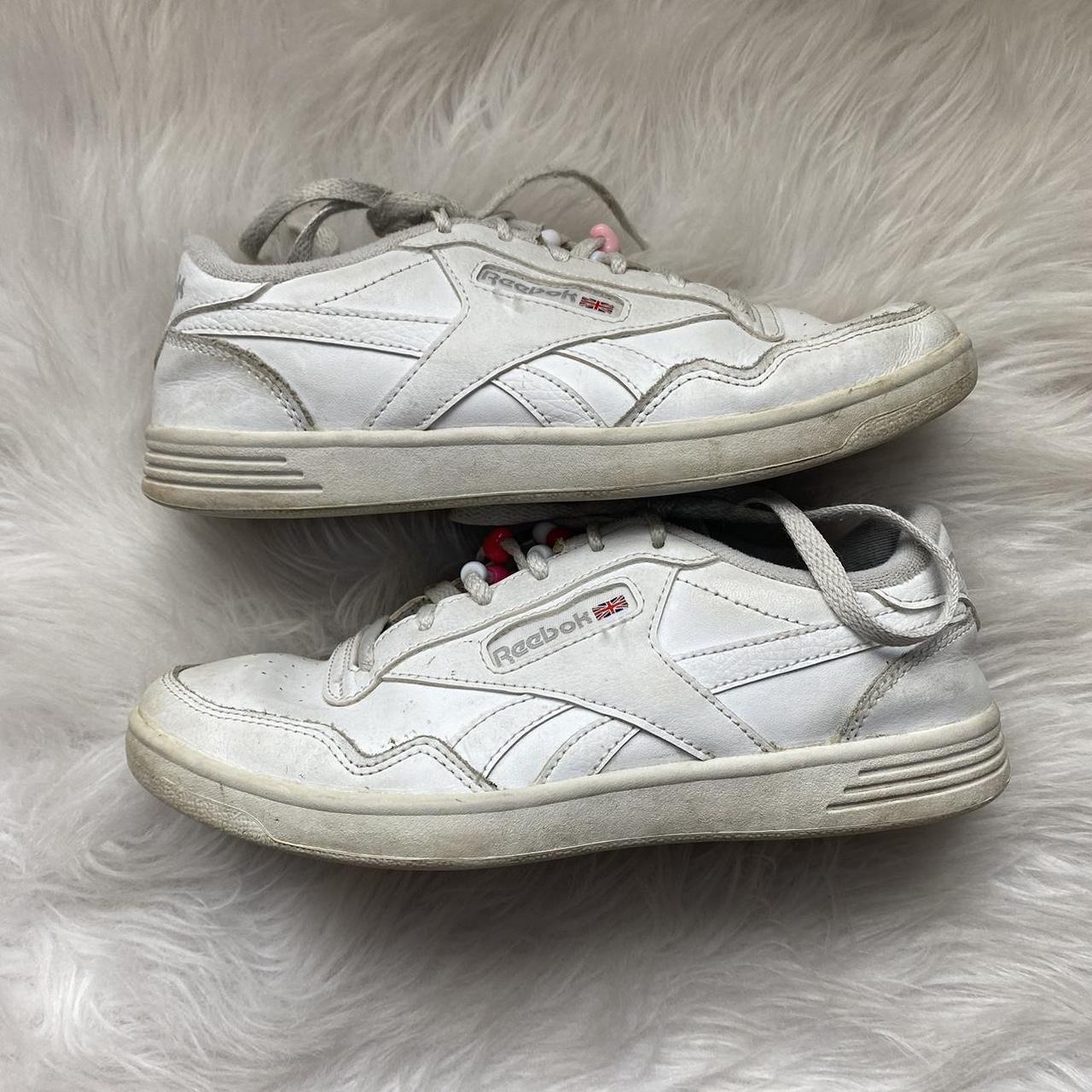 reebok white shoes with red and pink beads on lace... - Depop