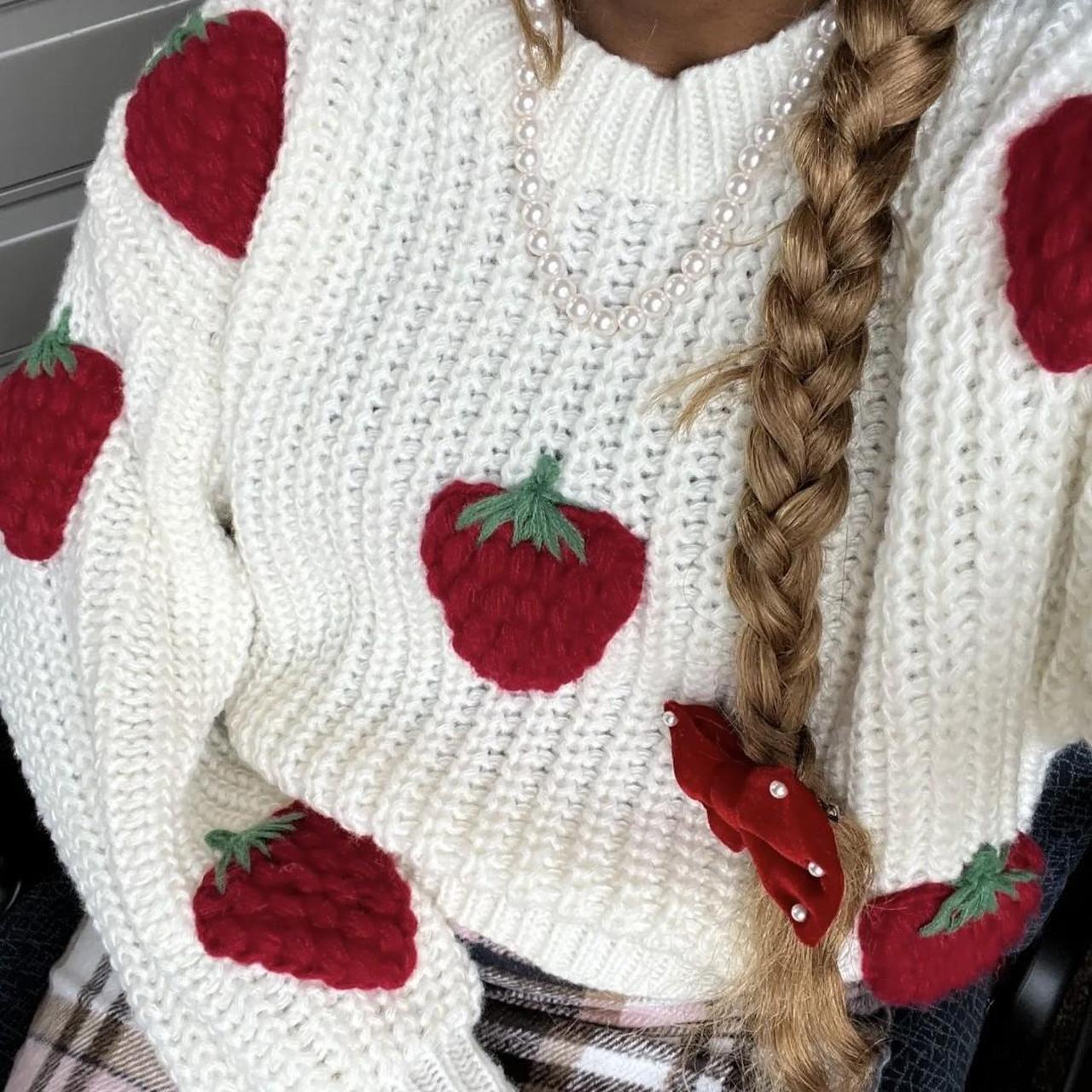 New Strawberry Embroidered Knit Long Sleeve Pullover... - Depop