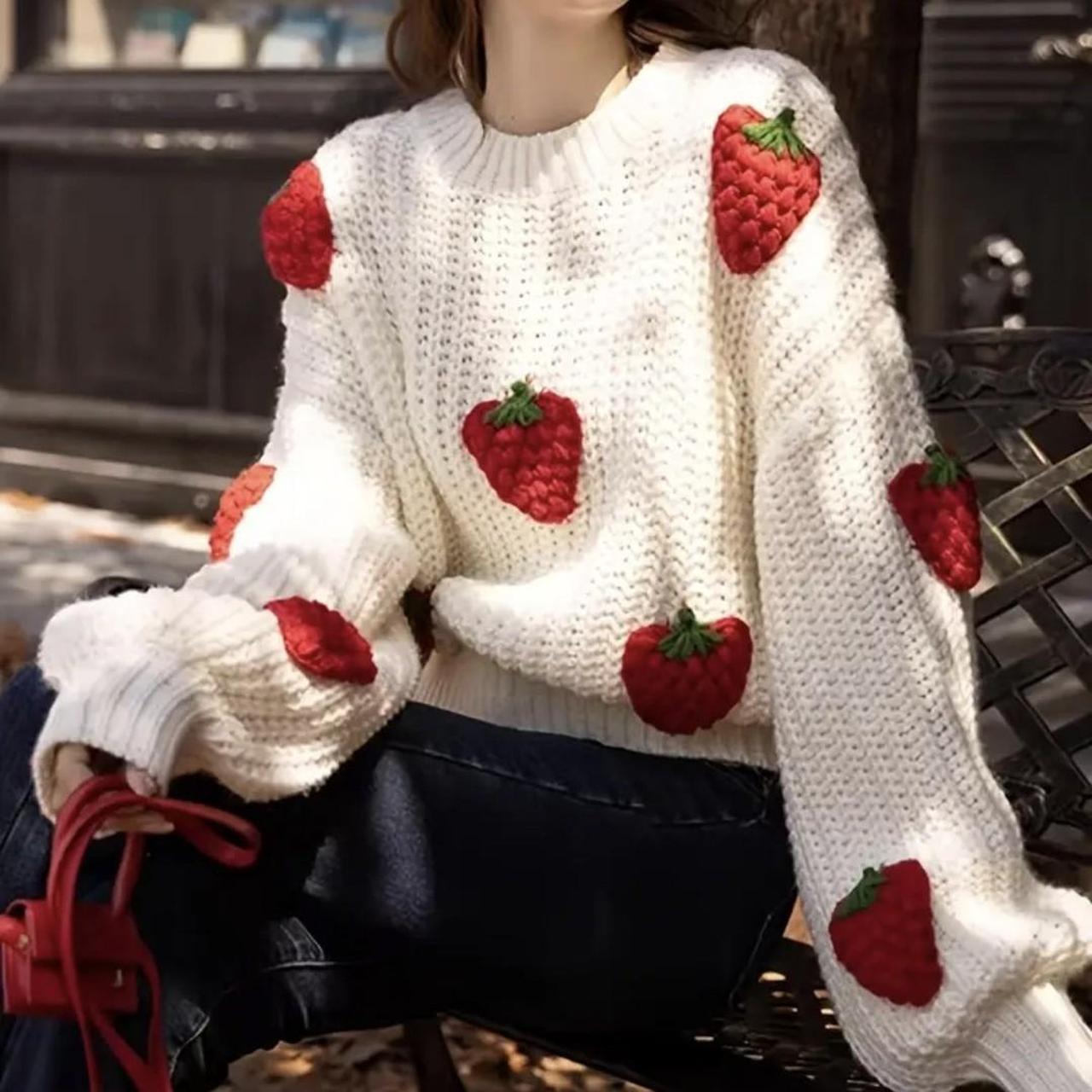 New Strawberry Embroidered Knit Long Sleeve Pullover... - Depop