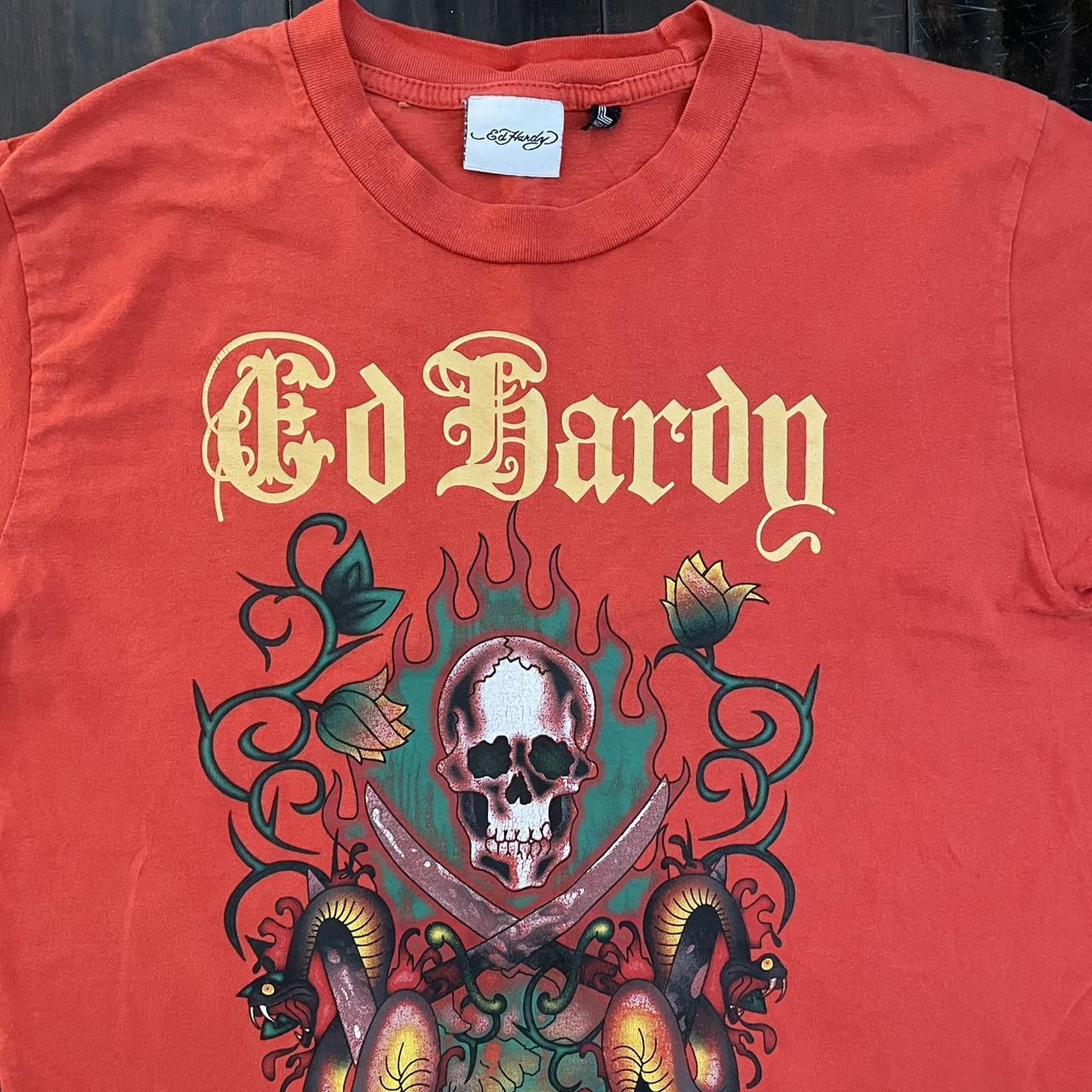 Ed Hardy Men's Red and Gold Tshirt Depop
