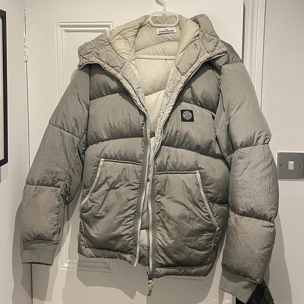 Stone Island Men's Grey and White Coat | Depop