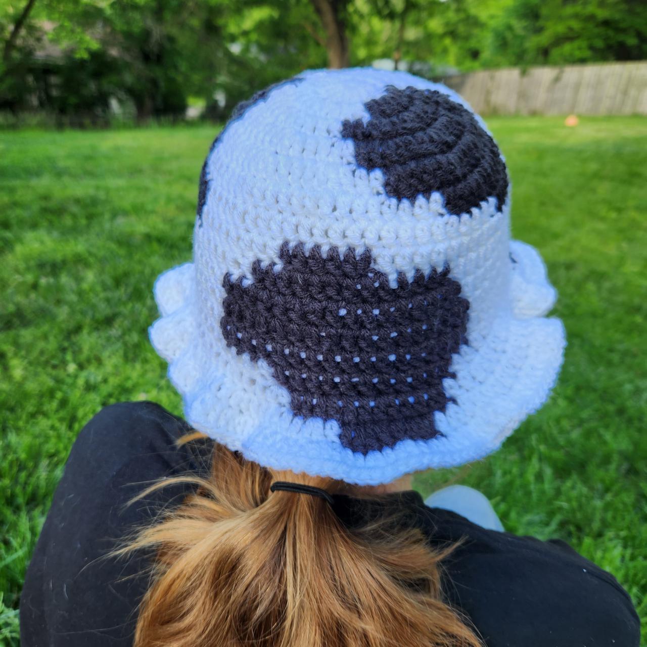 Crochet Cow Bucket Hat | White and Black Cow Print | | Depop