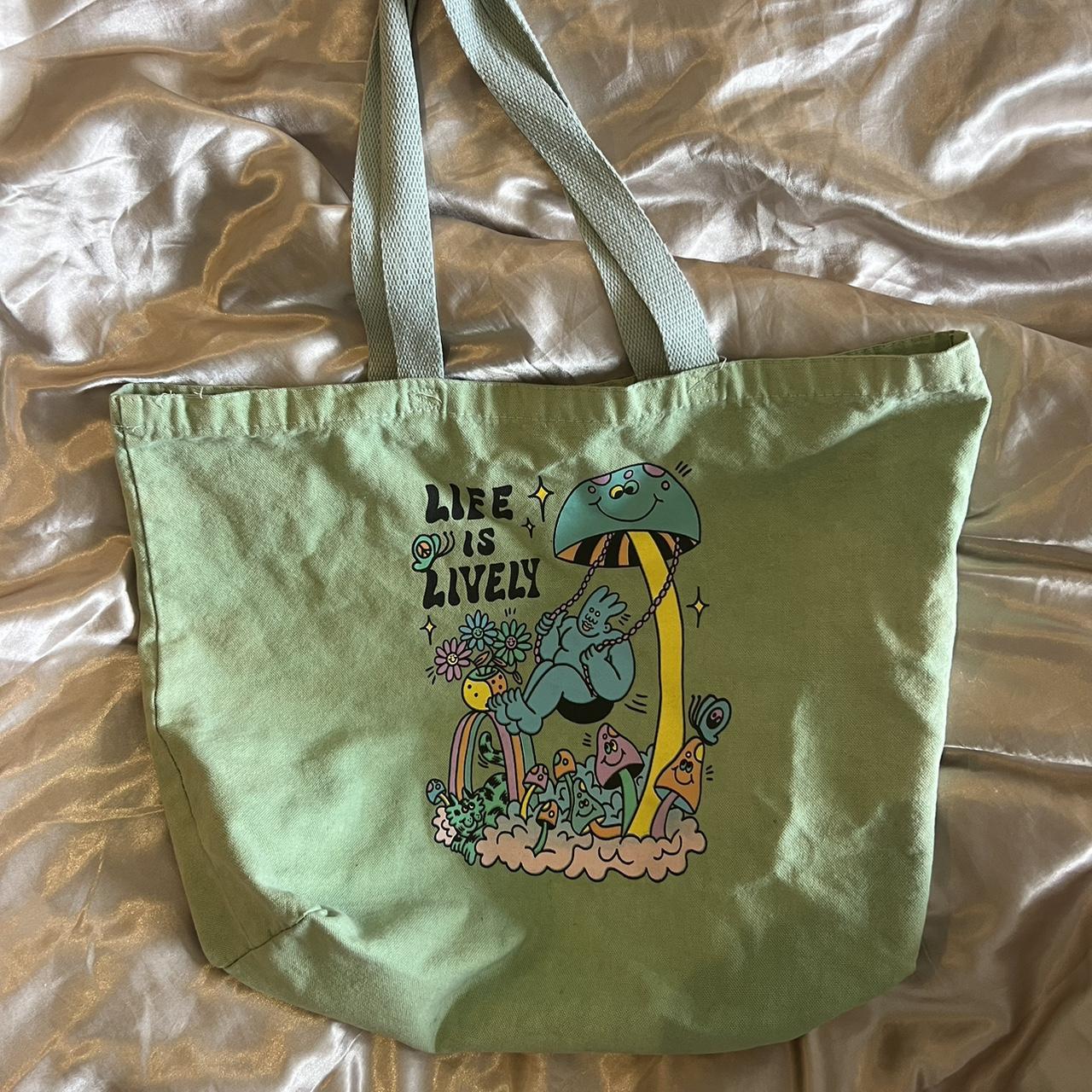 Green Urban Outfitters Tote. Life is Lively Print. Depop