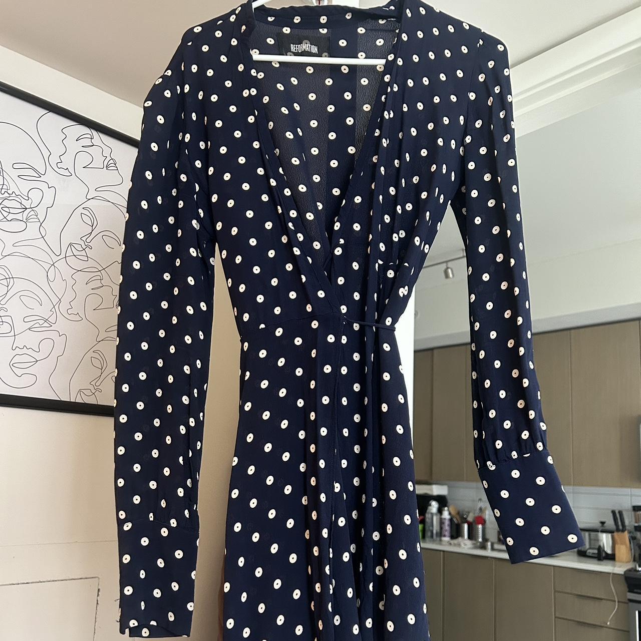 Reformation Wrap Dress Blue Polka Dot Print Long... - Depop