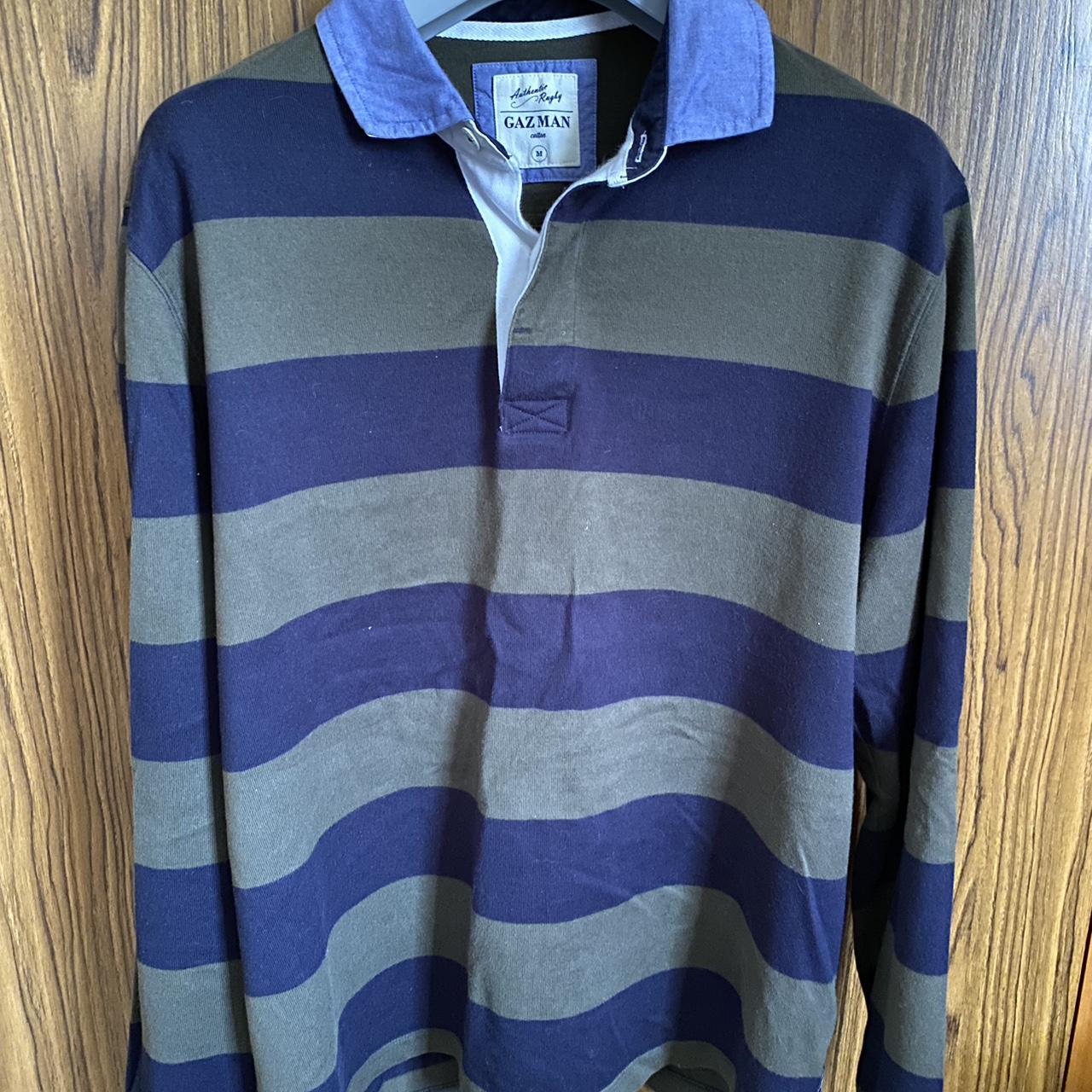 Gazman Rugby Jumper Dark Green + Navy Stripe Size... - Depop