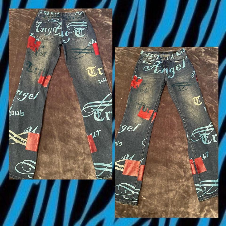 swag y2k distressed cross pattern jeans by JADED - Depop