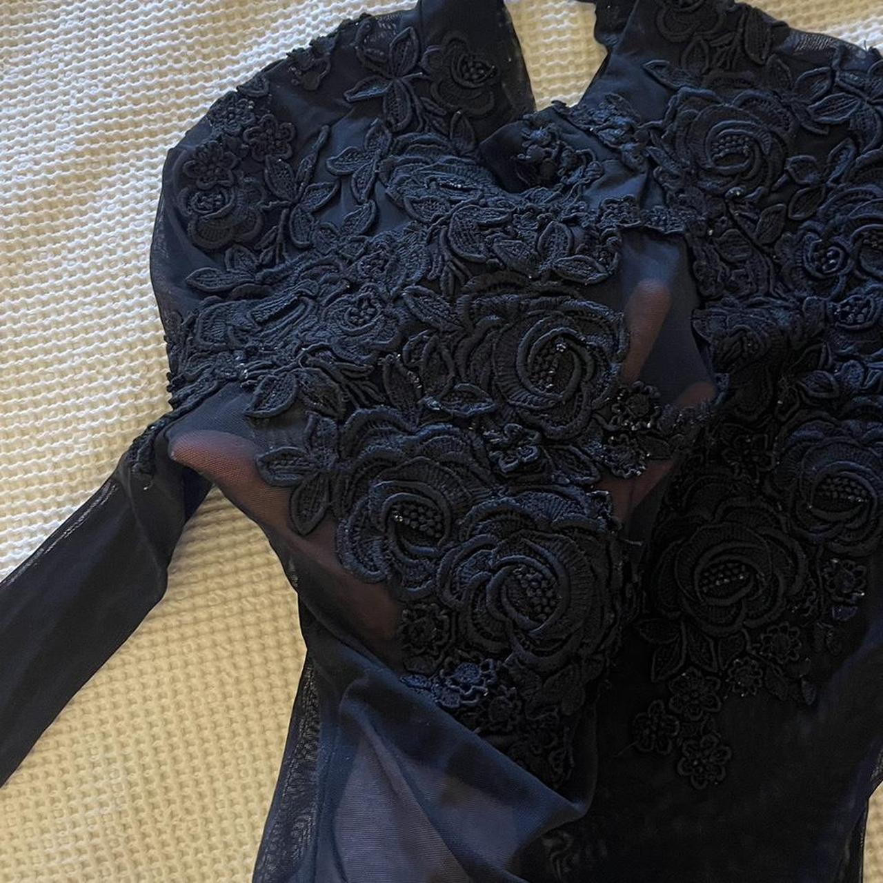 1990s sheer side black leotard body suit with floral... - Depop