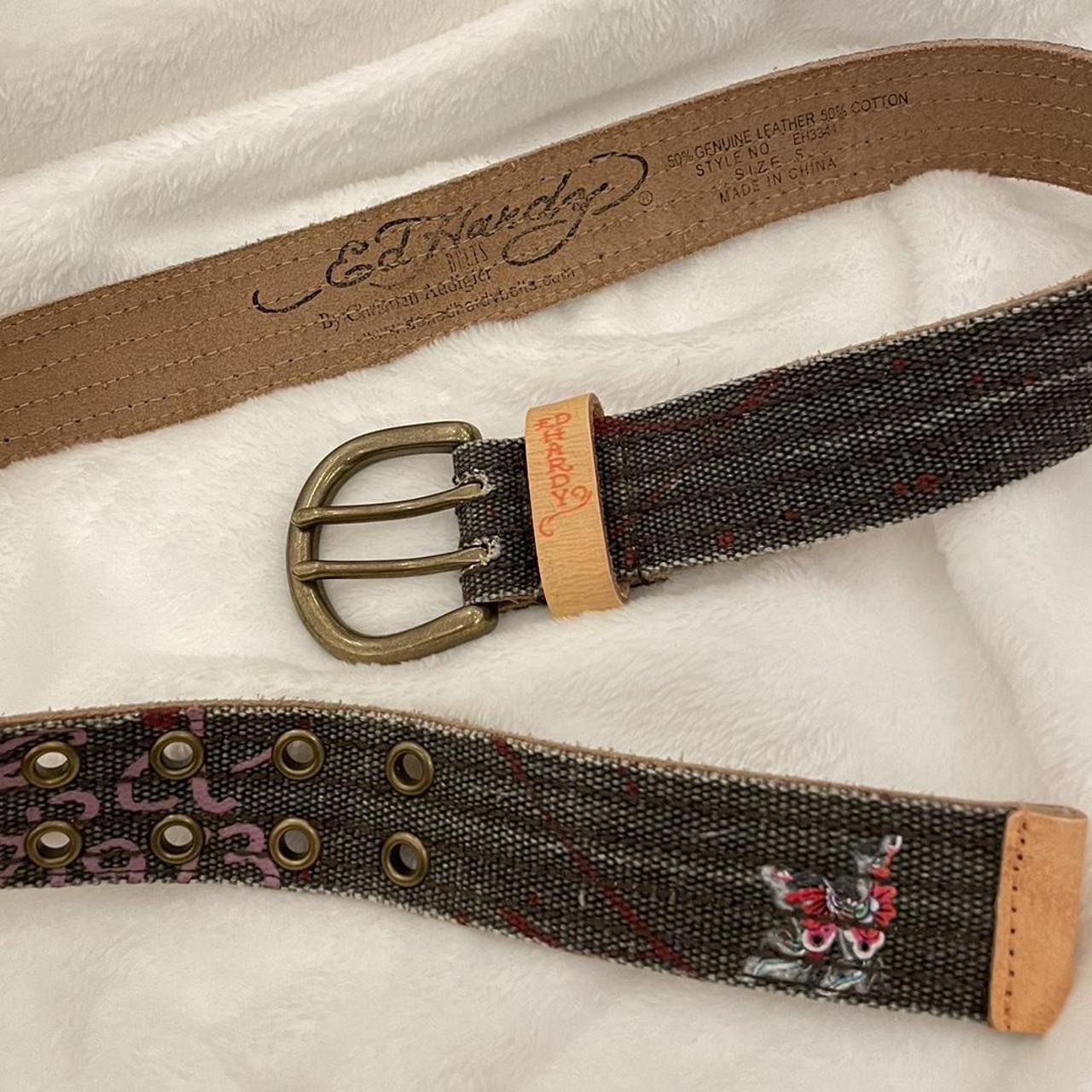 Rare 2000s Ed Hardy denim leather belt With pink... - Depop